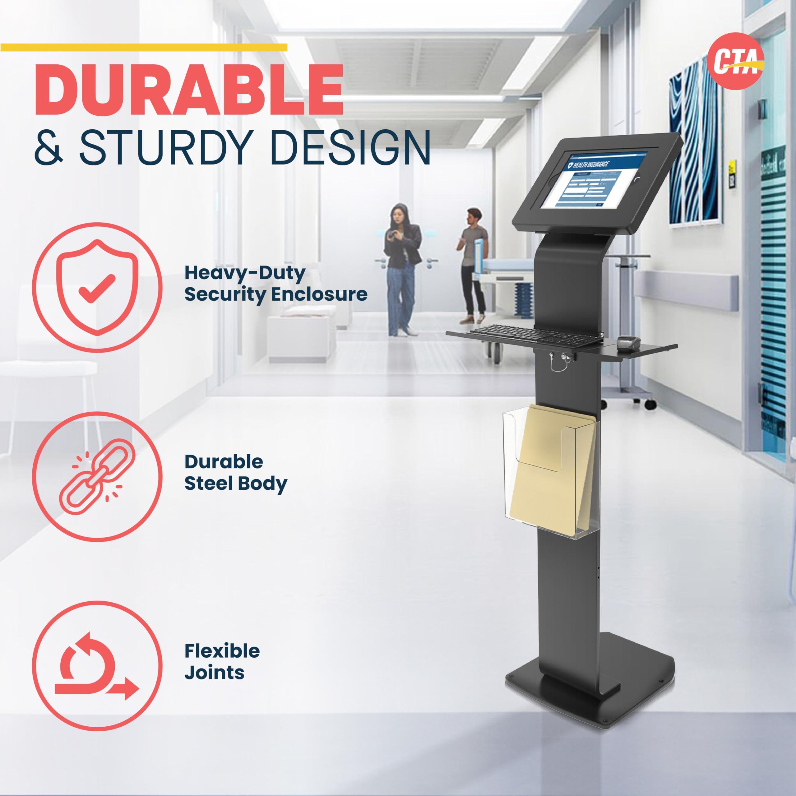 CTA Digital Anti-Theft Mobile Workstation Stand - CTA Locking Floor Stand Kiosk w/Secure Enclosure, Keyboard Tray & Storage - iPad 10.2" 7/8/9 Gen - 11" iPad Pro - Galaxy Tab A & More - Black - (PAD-PARAFK)