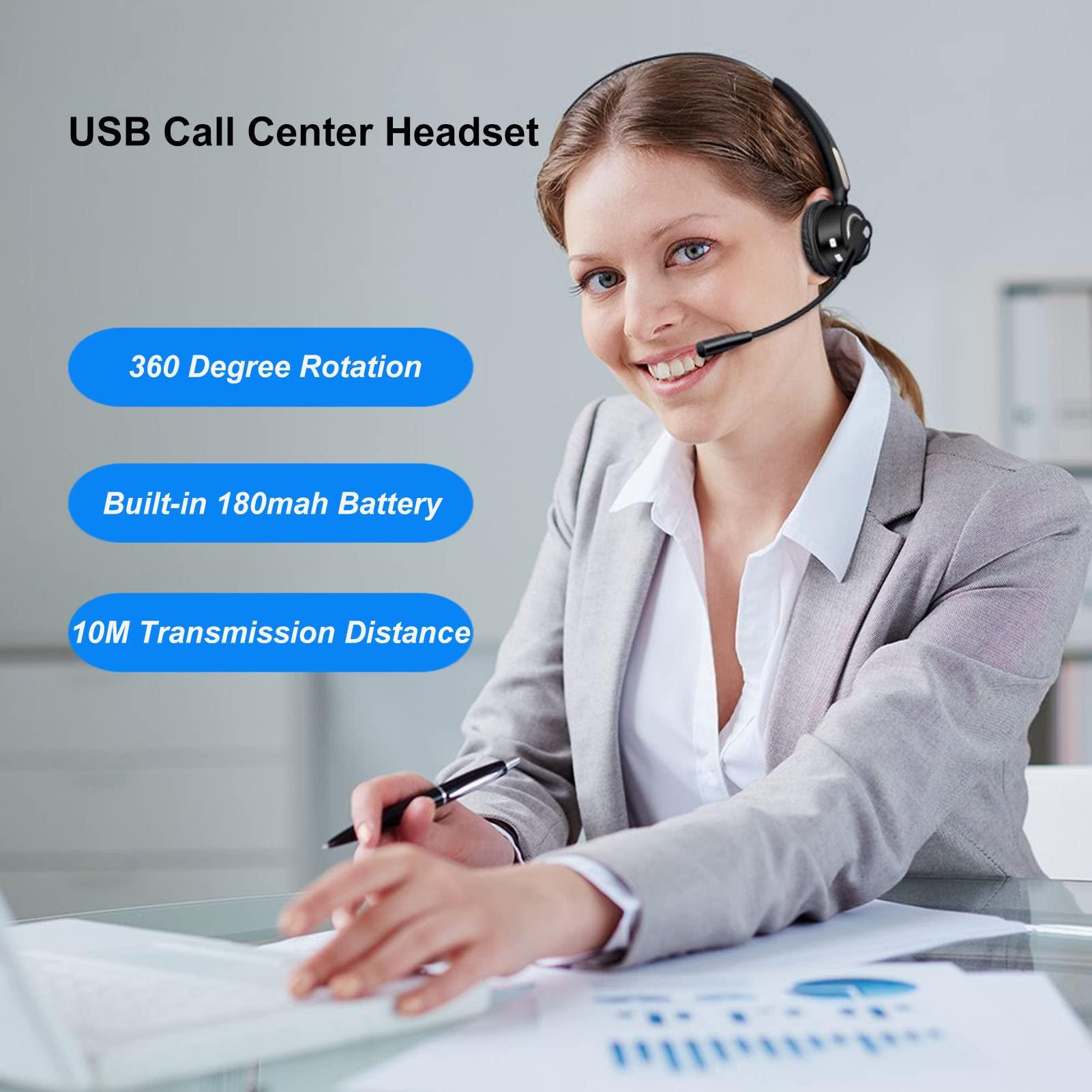 EBTOOLS Bluetooth Headphones, Noise Cancelling USB Call Center Headset 360 Degree Rotation Long Call Time Customer Service Headphones with Mic for Computer Telephone Desktop Box