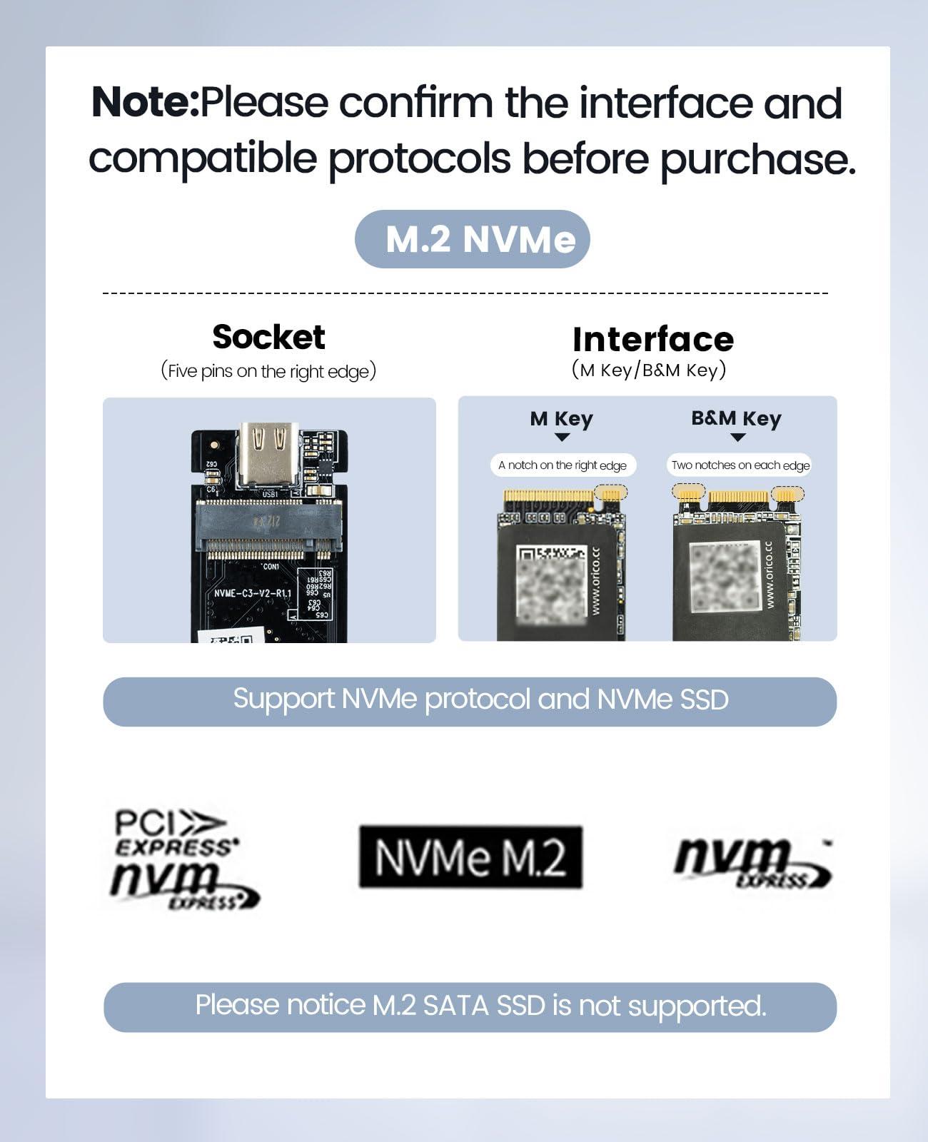 ORICO ORICO 40Gbps NVMe SSD Enclosure, M.2 to USB-C Adapter for NVMe M-Key 4TB SSD 2280, Aluminum M2 External SSD Case, Compatible with Thunderbolt 3/4 USB3.2/3.1/3.0/Type-M234-Silver