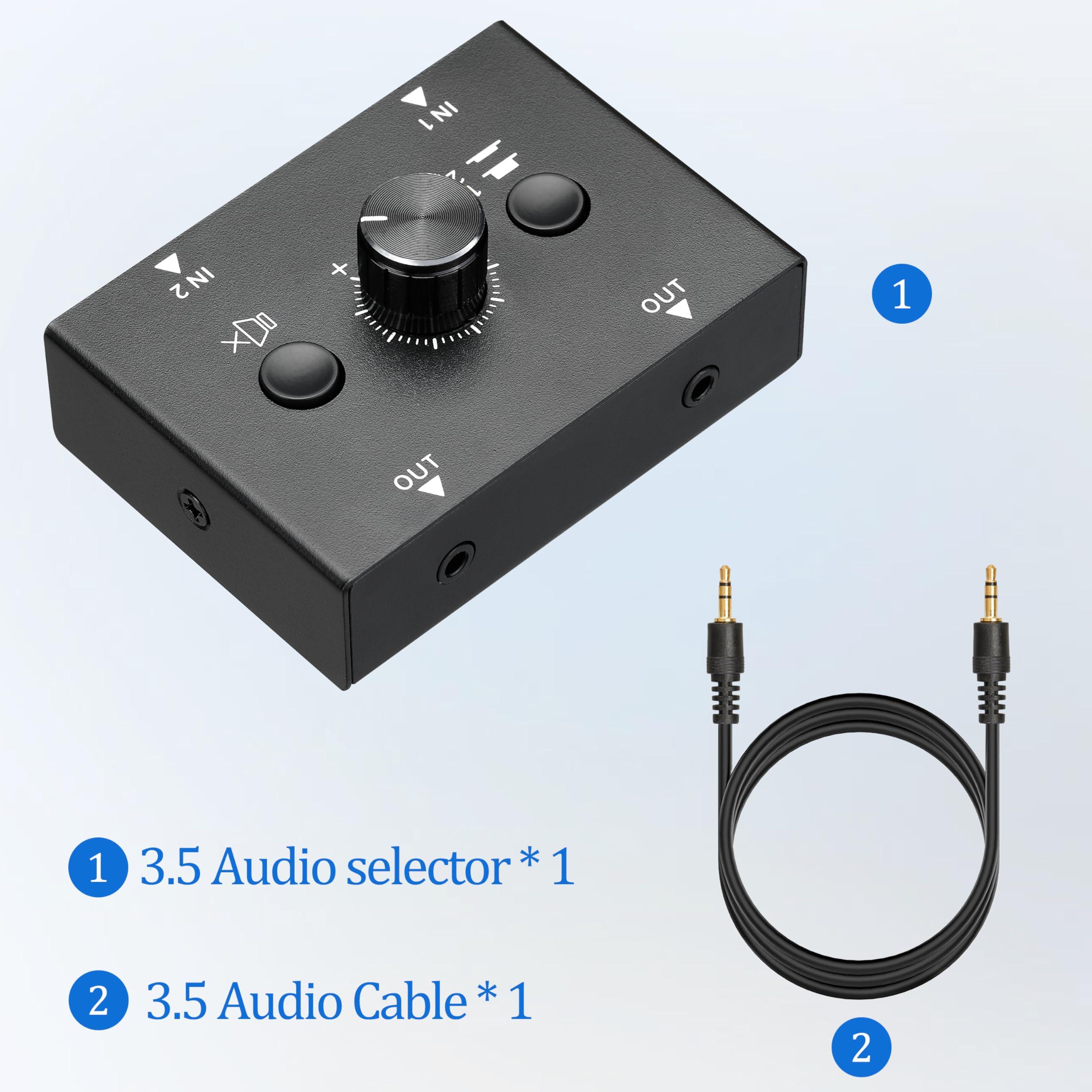 HAICHENTEX 3.5mm Audio Switch Stereo Audio Splitter Box 2 in 2 Out Audio Switcher Passive Speaker Headphone Manual Selector with Volume Control