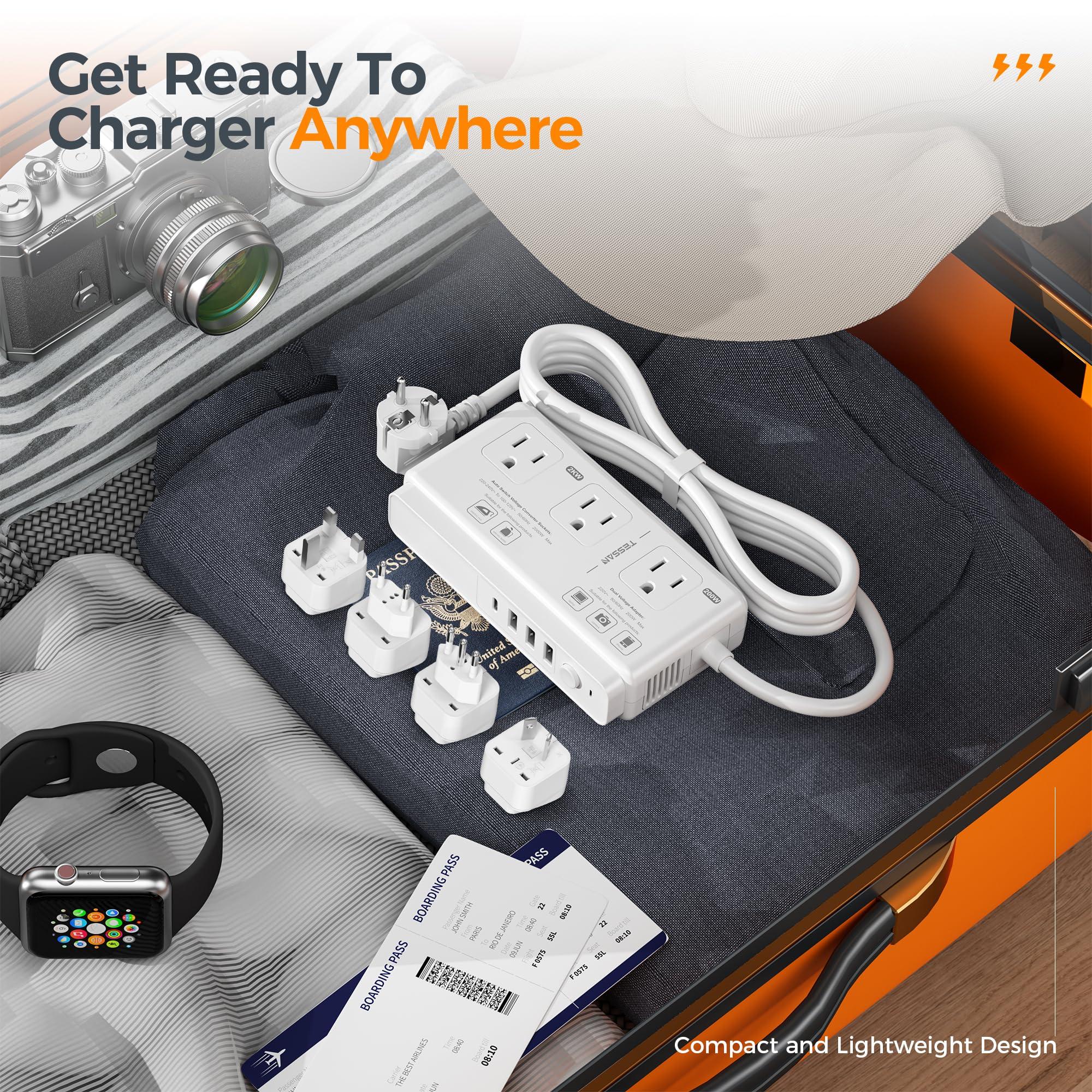 TESSAN 220V to 110V Voltage Converter, TESSAN Universal Travel Adapter with 4 USB Charger (1 USB C), 3 AC Sockets and EU/UK/AU/IT Plug Power Adaptor, Step Down Transformer Outlet Converters for International