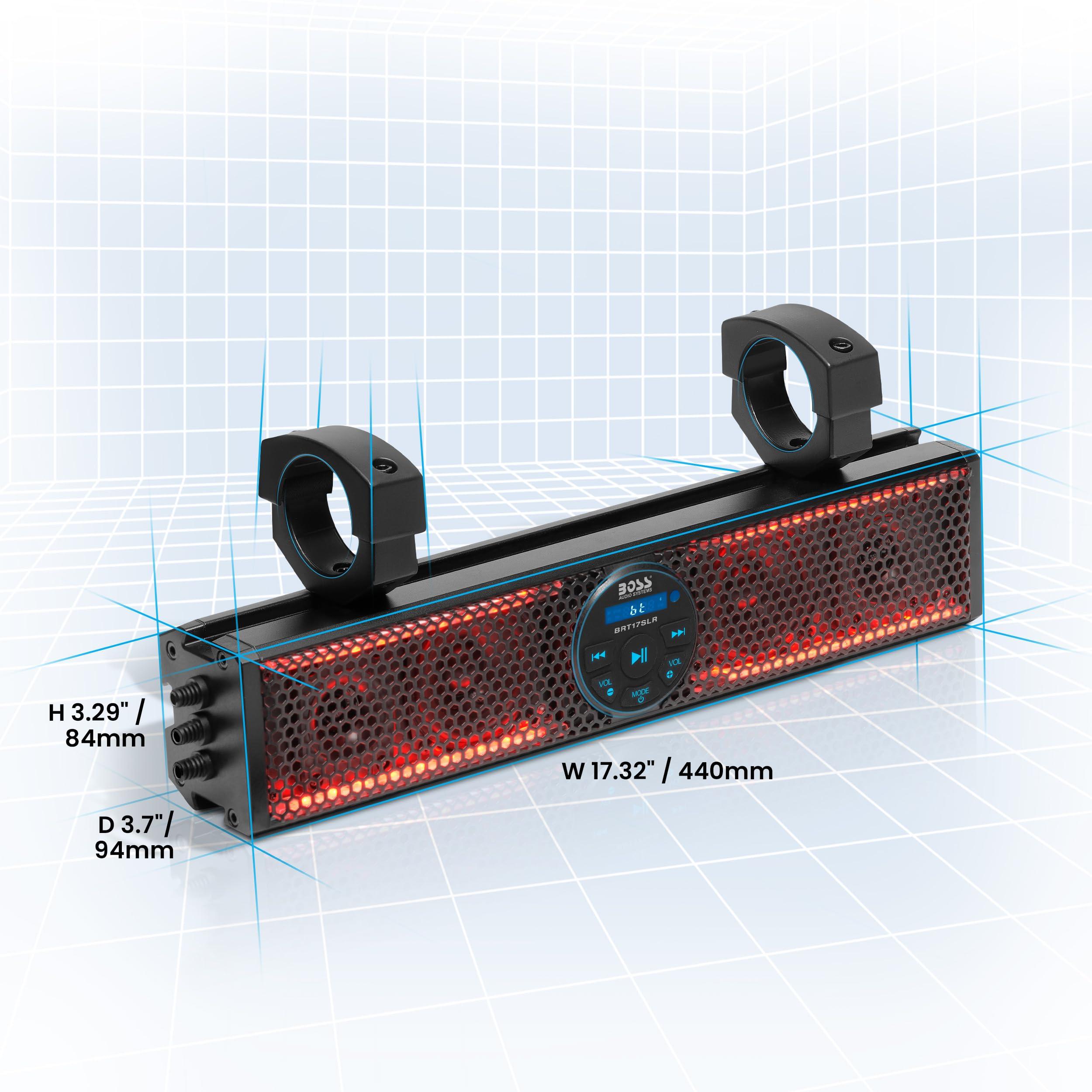 BOSS Audio Systems BOSS Audio Systems BRT17SLR ATV UTV Sound Bar - 17 Inches Wide, 3 inch Speakers, 1 Inch Tweeters, Full Range, IPX5 Weatherproof, Bluetooth, Built-in Amp, Multicolor Illumination, Golf Cart Compatible