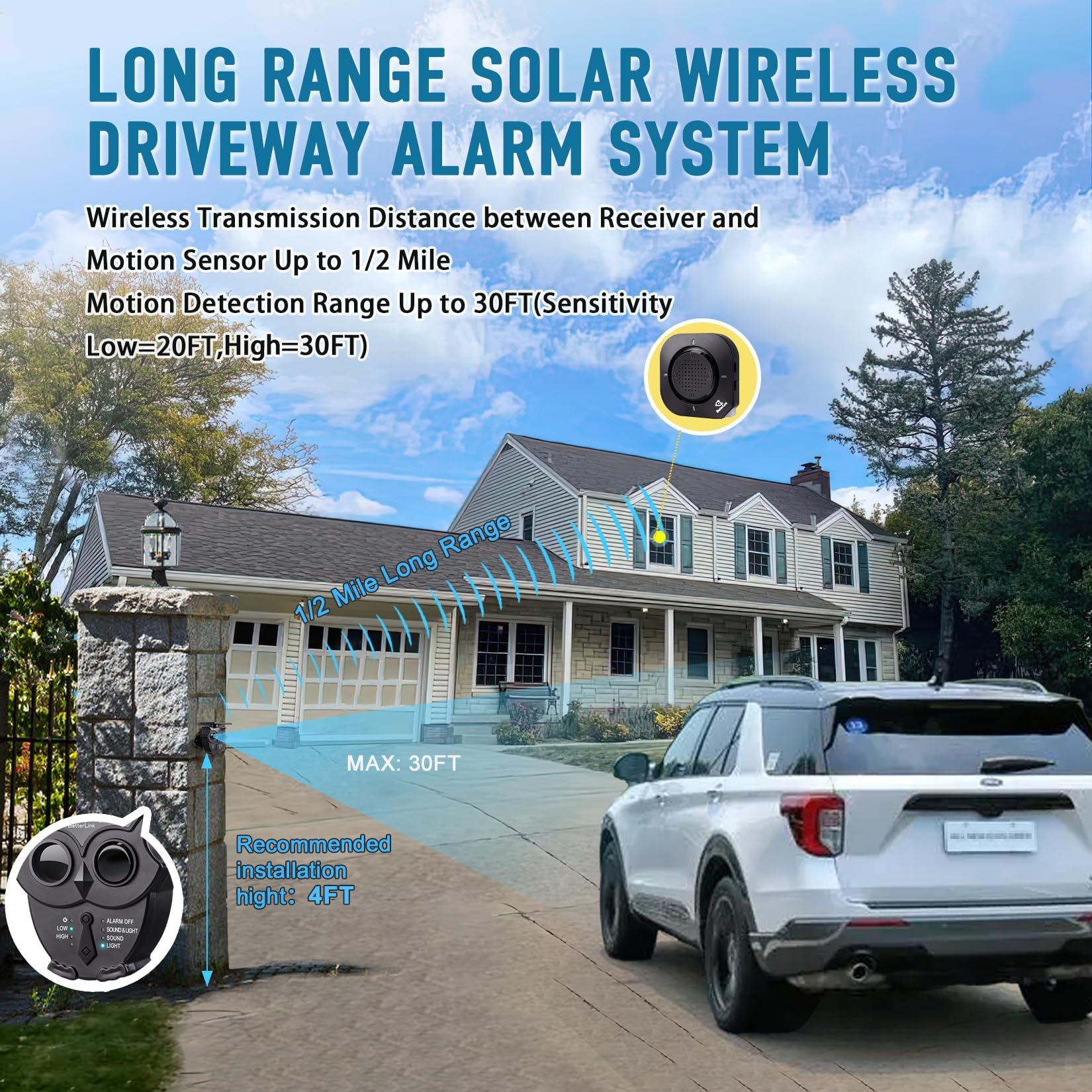 Betterlink 1/2 Mile Long Range Solar Wireless Driveway Alarm System IP65 Weatherproof Outdoor Motion Detectors&Sensor 120dB Siren Sound Light Security Alert System Monitor&Protect Outdoor/Indoor Property(1R4S)