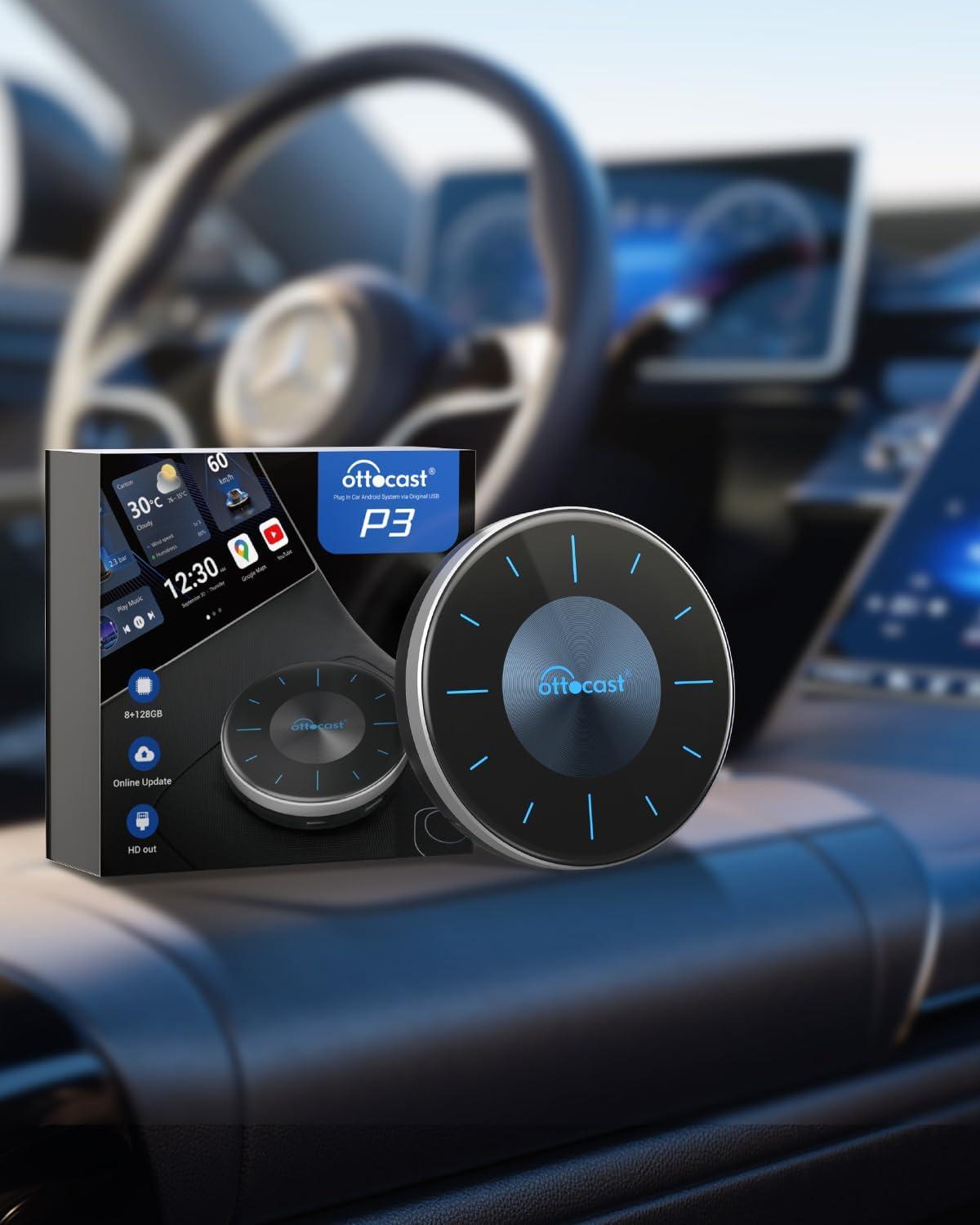 OTTOCAST OTTOCAST P3 CarPlay AI Box - 2025 Android 12.0 CarPlay Video Adapter Wireless CarPlay Android Auto Dongle Support HDMI Output, Watch YouTube Netflix Disney+ Tiktok etc on Car Screen