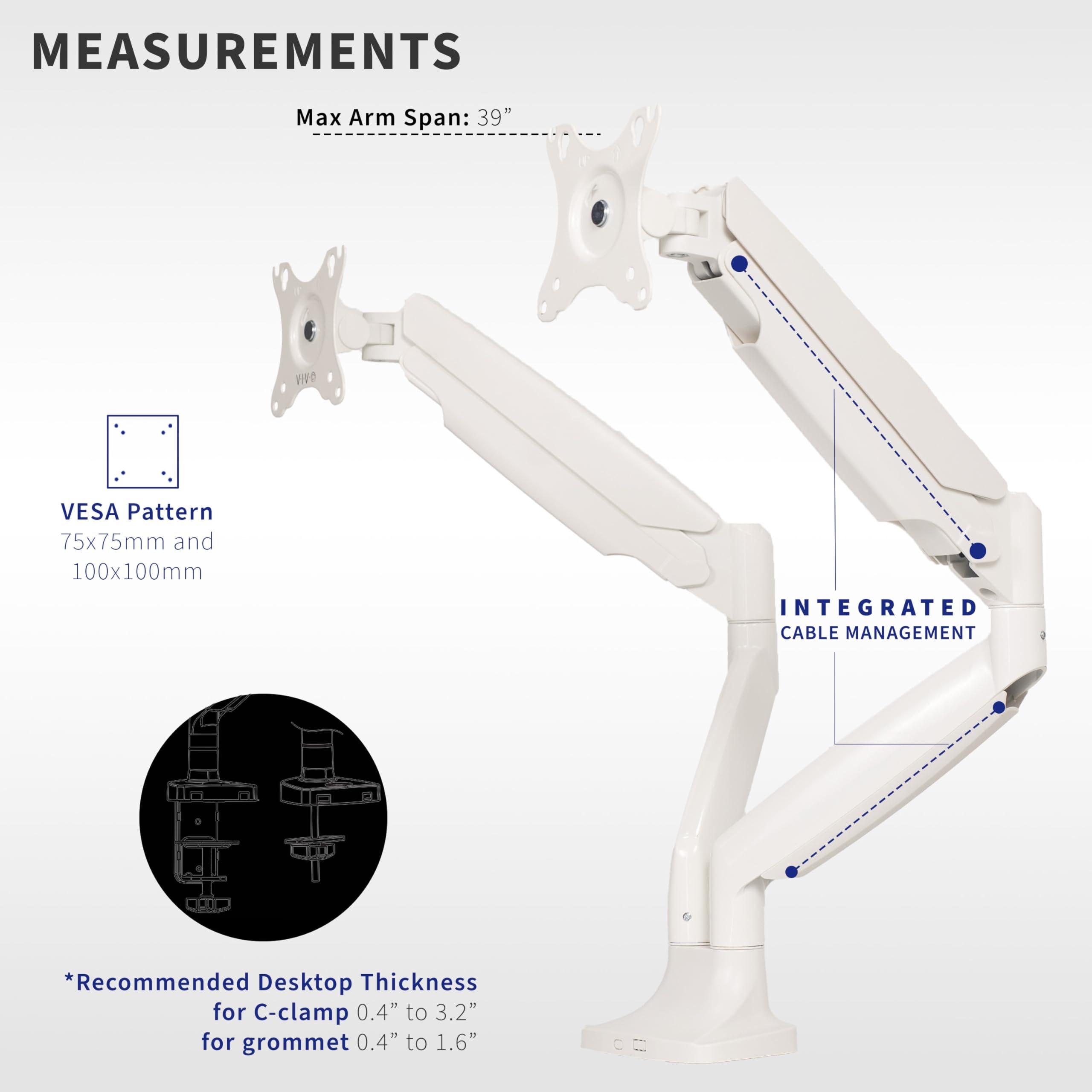 VIVO VIVO Premium Aluminum Heavy Duty Dual Monitor Arm for Ultrawide Monitors up to 40 inches and 32.5 lbs Each, Desk Mount Stand, Pneumatic Height, Max VESA 100x100, White, STAND-V202QW