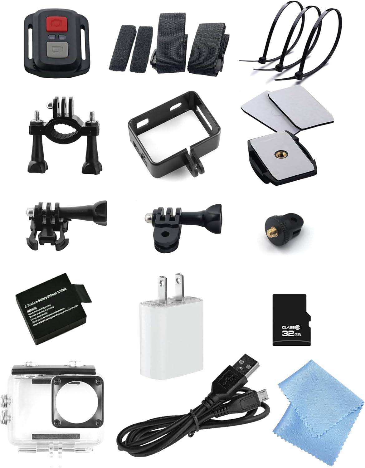 Minolta Minolta MNX5K1 5K Ultra HD / 24 MP Action Camera Kit + 32GB Memory Card + Cleaning kit + Diginerds 50 in 1 Go Pro Accessory Pack - Black