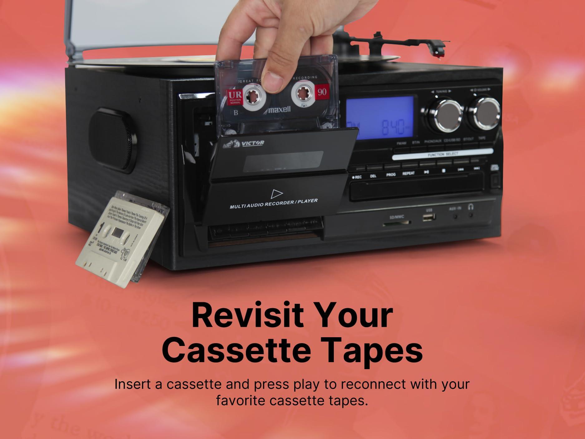 VICTOR Victor VWRP-4200 Cosmopolitan 8-in-1 Turntable Music Center with 3-Speed Record Player, CD/MP3/Cassette Player, AM/FM Radio, Dual Bluetooth in & Out, USB Playback & Recording