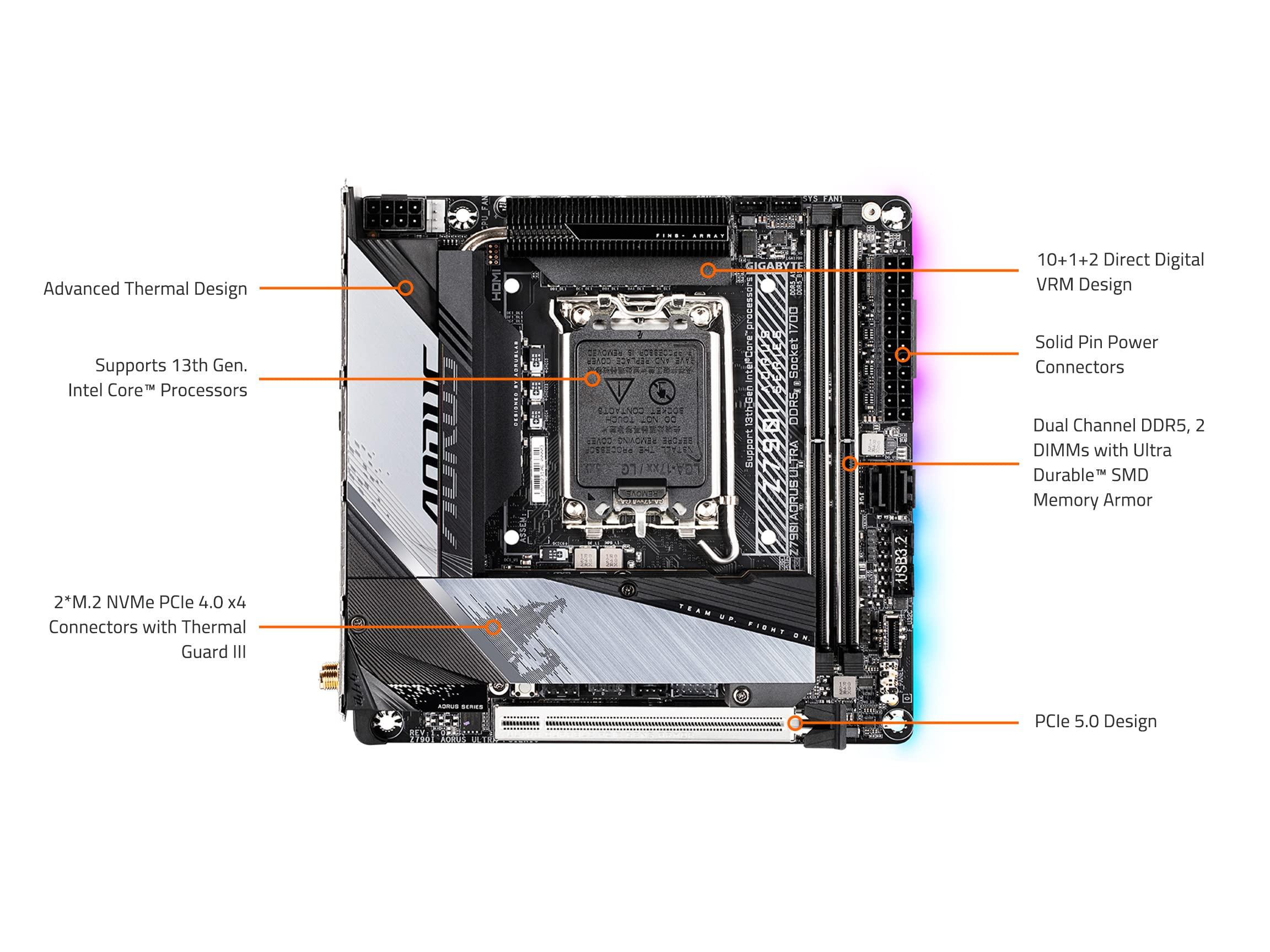 GIGABYTE GIGABYTE Z790I AORUS Ultra (LGA 1700/ Intel/ Z790/ Mini-ITX/ DDR5/ Dual M.2/ PCIe 5.0/ USB 3.2 Gen2X2 Type-C/Intel Killer Wi-Fi 6E/ Intel 2.5GbE LAN/Q-Flash Plus/Motherboard)