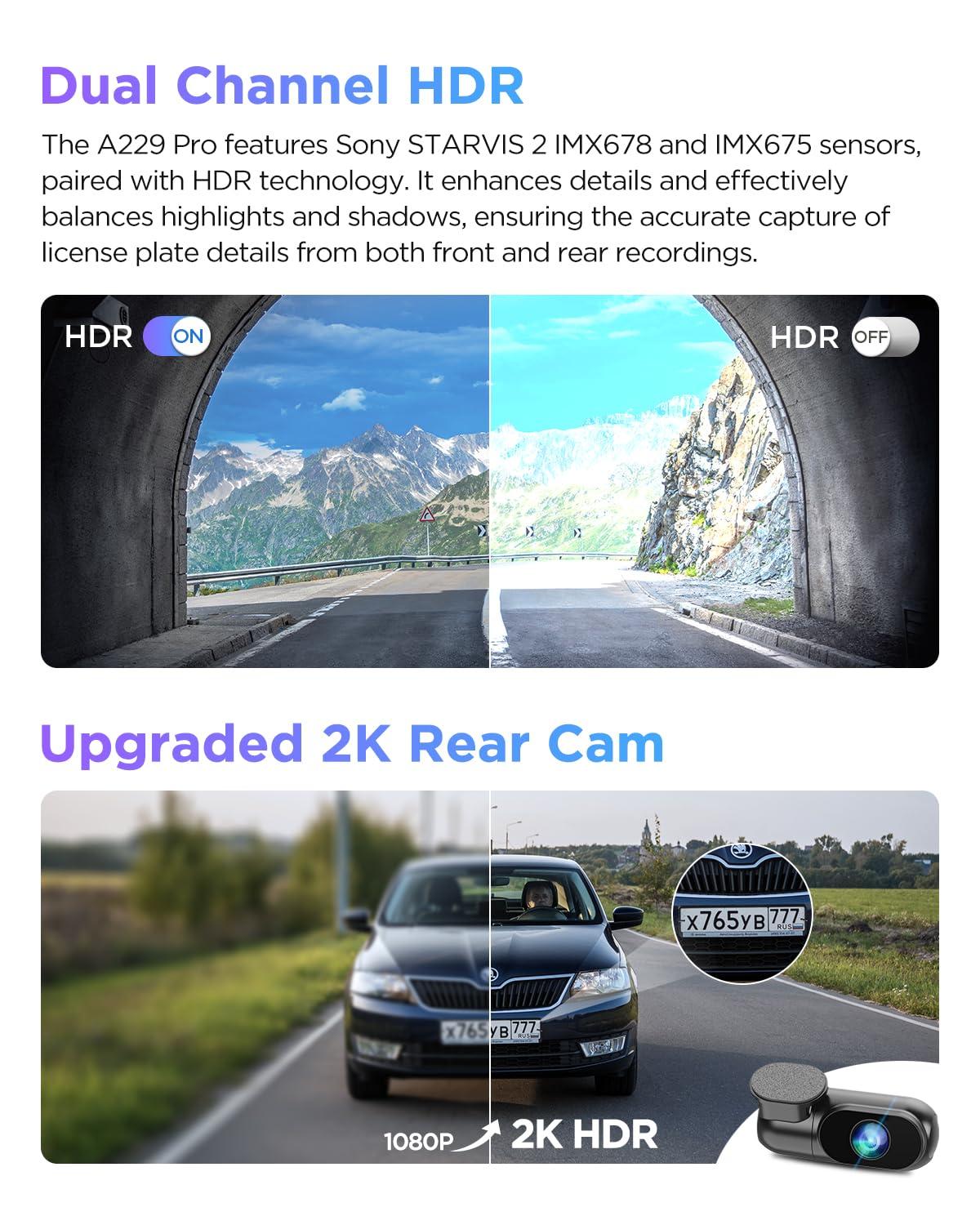 VIOFO VIOFO A229 Pro 4K HDR Dash Cam, Dual STARVIS 2 IMX678 IMX675, 4K+2K Front and Rear Car Camera, 2 Channel with HDR, Voice Control, 5GHz WiFi GPS, Night Vision 2.0, 24H Parking Mode, Support 512GB Max