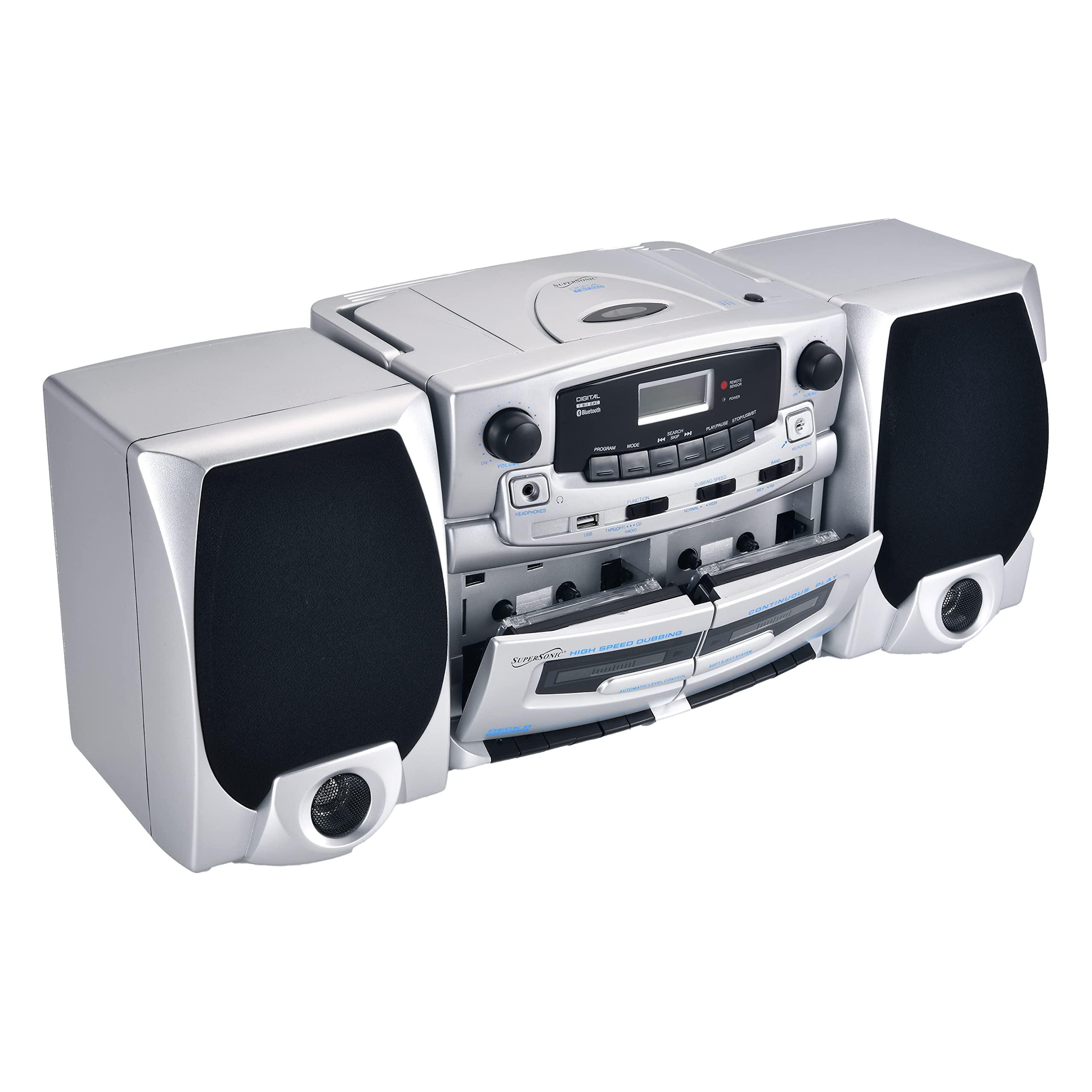 Supersonic Supersonic SC-2121BT Bluetooth Entertainment Audio System, Bluetooth 5.0, op Loading MP3/CD Player, AM/FM Radio, USB Input, Double Cassette Recorder, High-Performance Detachable Speakers, AC/DC