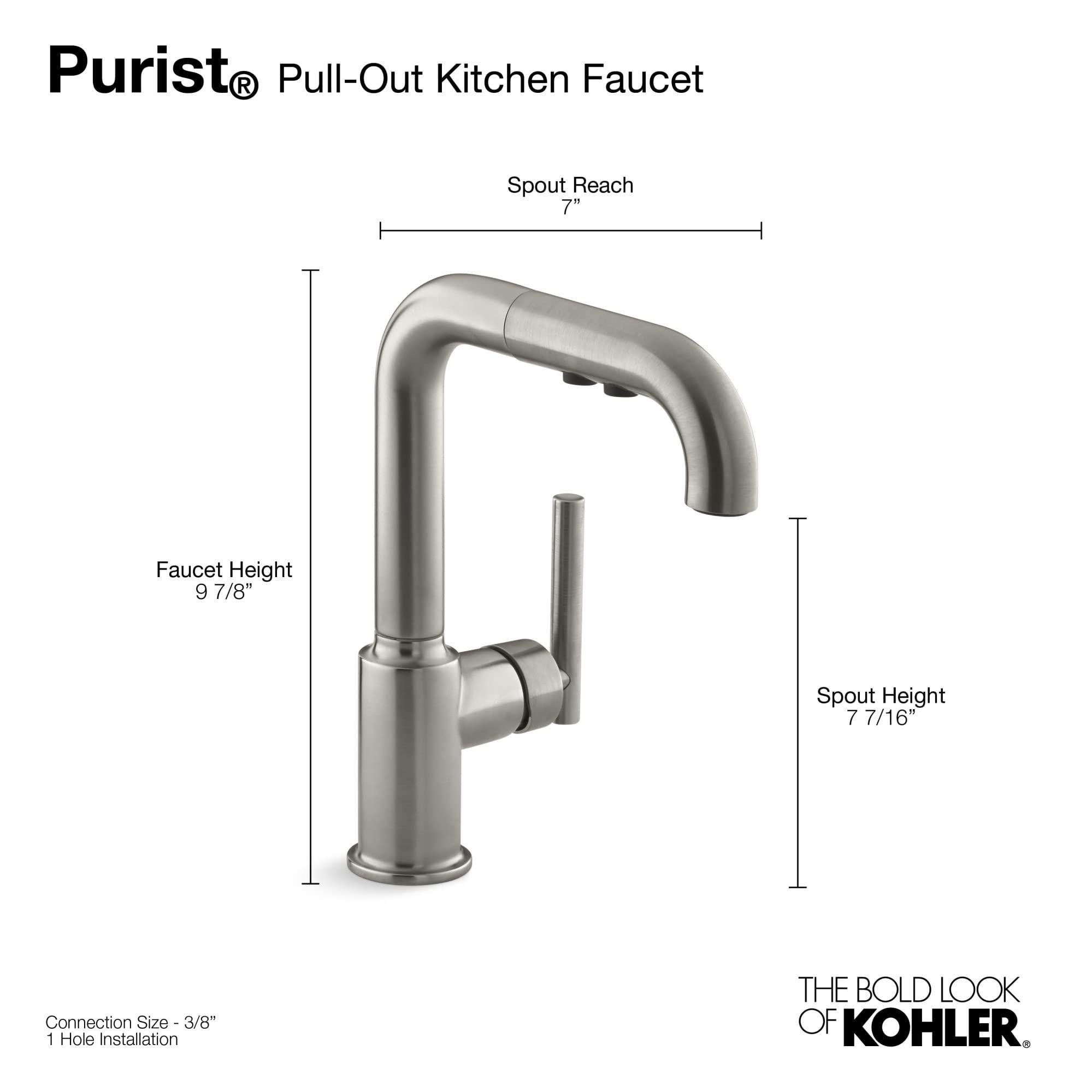 Kohler Purist Pull-out kitchen sink faucet with three-function sprayhead