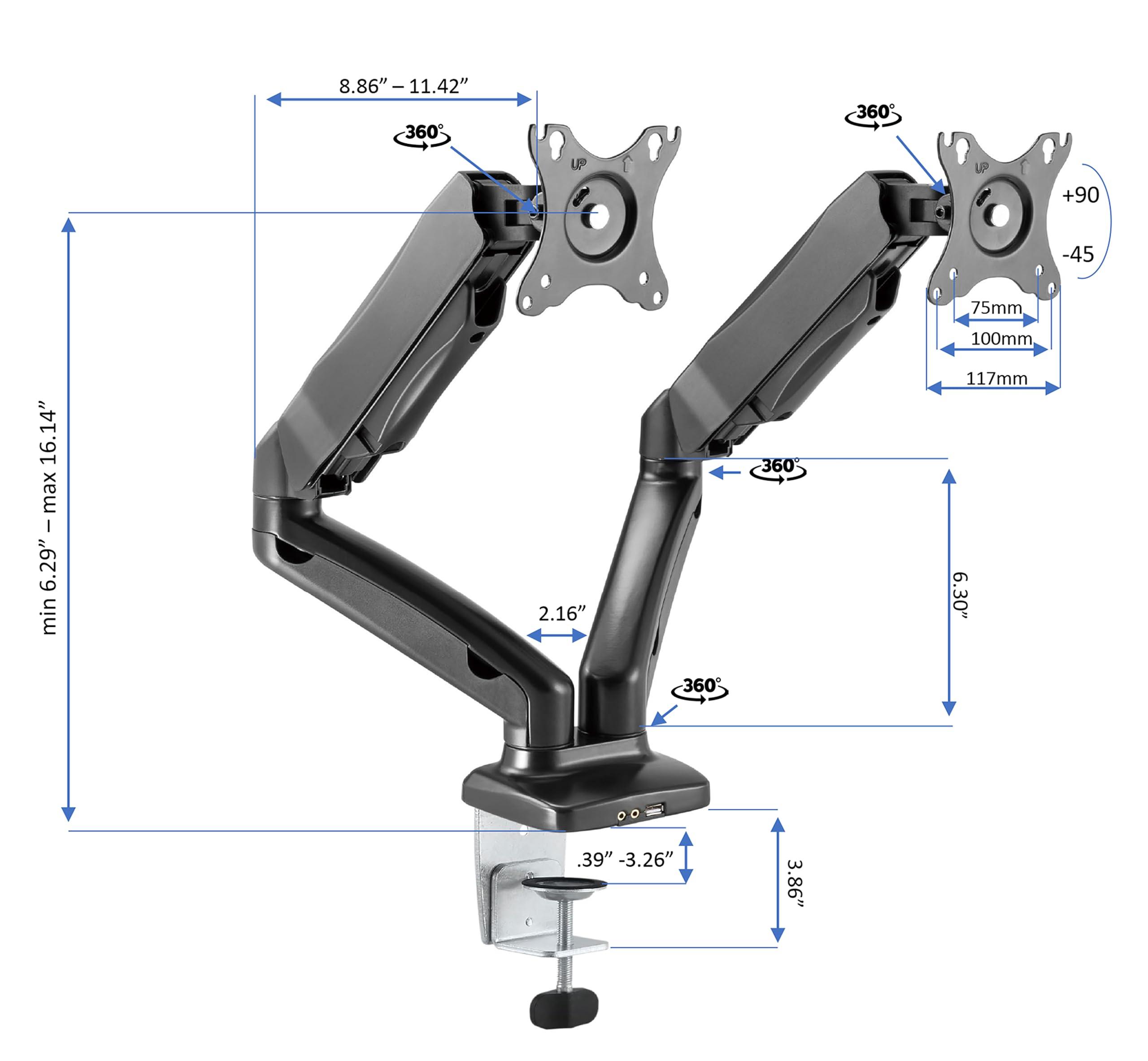 Rocelco Rocelco 40" Height Adjustable Standing Desk Converter with AC Outlet USB Charger and Dual Monitor Arm Mount - Sit Stand Up Tabletop Riser - Sliding Keyboard Tray - Black (R DADRB-40-ACUSB-MA2)