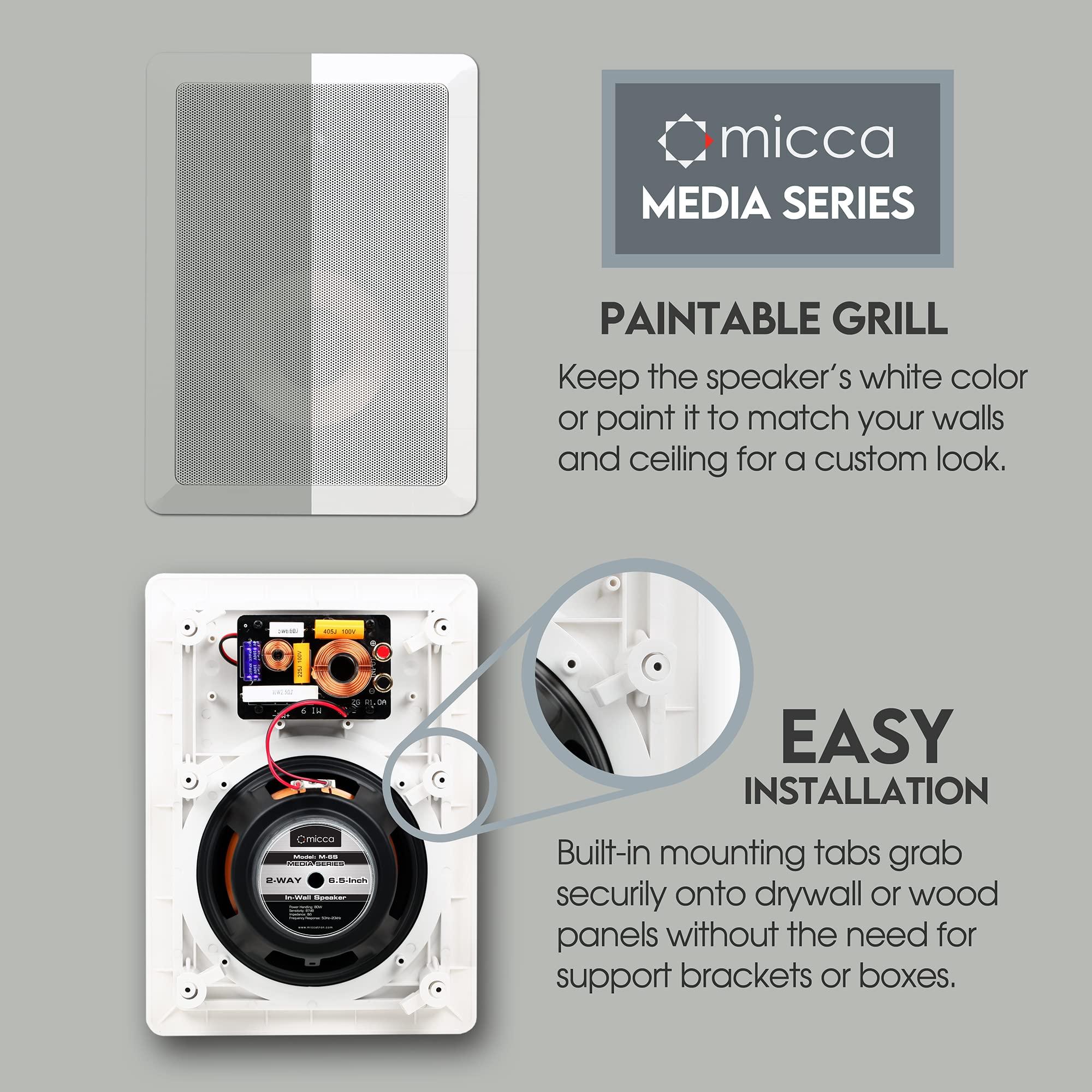 Micca Micca M-6S 2-Way in-Wall Speaker, 7.3\"(W) by 10.7\"(H) Cutout, Home Theater, Whole House Audio, Indoor or Covered Outdoor, 6.5\" Woofer, 1\" Tweeter, White, Paintable, Each
