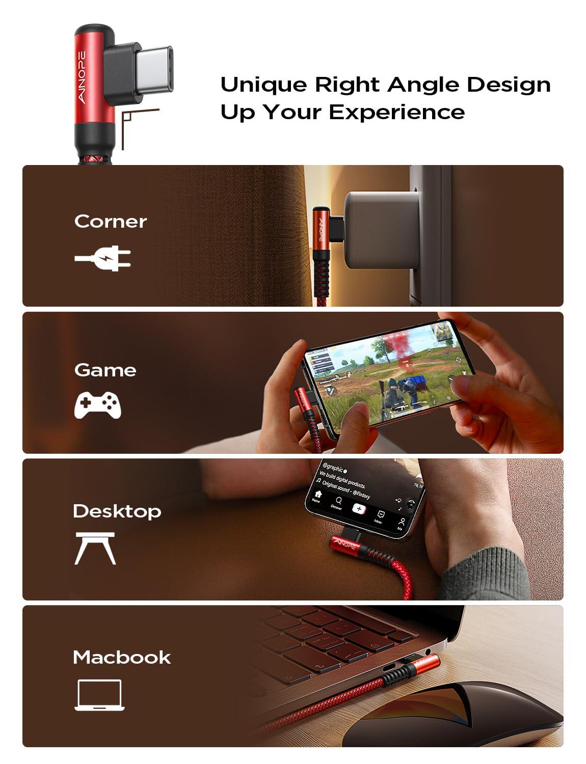 AINOPE AINOPE 240W High Speed USB C Cable [10ft] USBC to USBC Cable, Right Angle C to C Cable Fast Charging Compatible with iPhone 16 Charger Cord, iPad Pro,MacBook Air 2024 M4,Samsung Galaxy S24, Red