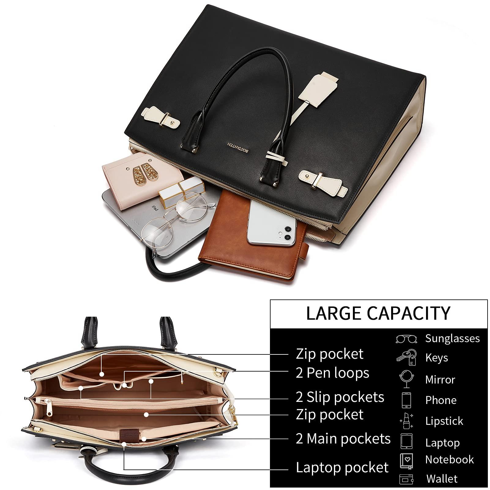 BOSTANTEN BOSTANTEN Briefcase for Women Leather Laptop Briefcase Shoulder Work Tote Bag Purse 15.6 Inch Black