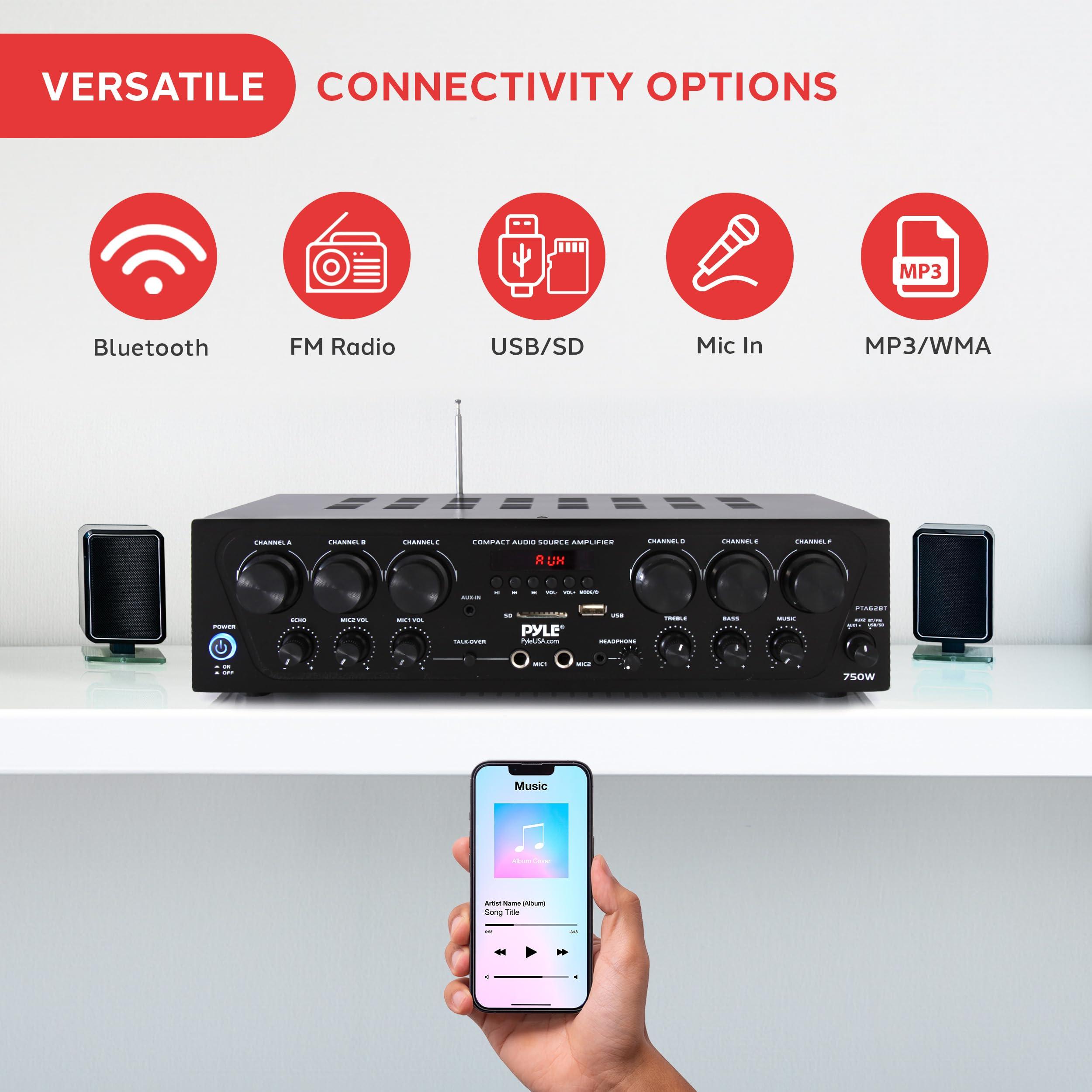 Pyle Pyle Wireless Bluetooth Home Audio Amplifier System-Upgraded 6 Channel 750 Watt Sound Power Stereo Receiver w/USB, Micro SD, Headphone,2 Microphone Input w/Echo, Talkover for PA - PTA62BT.5