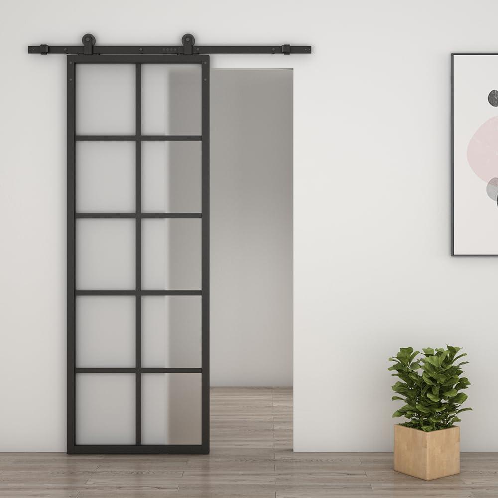 CALHOME 30 in. x 84 in. 10 Lite Frosted Glass Black Aluminum Frame Interior Barn Door with Sliding Hardware Kit