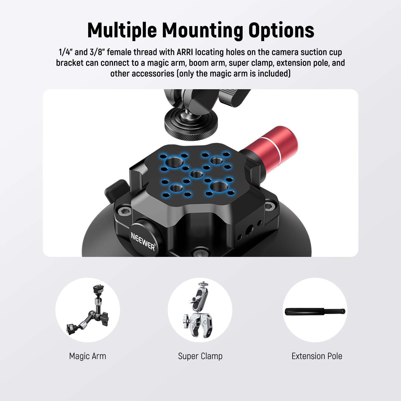 NEEWER NEEWER 4.5" Suction Cup Camera Mount with Ball Head Magic Arm, 1/4" 3/8" ARRI Holes, Quick Release Car Mount with Phone Holder & Action Cam Adapter Compatible with iPhone DJI Insta360, CA105