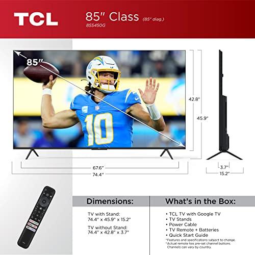 TCL TCL 85-Inch Class S4 4K LED Smart TV with Google TV (85S450G, 2023 Model), Dolby Vision, HDR Pro, Dolby Atmos, Google Assistant Built-in with Voice Remote, Works with Alexa, Streaming UHD Television , Black