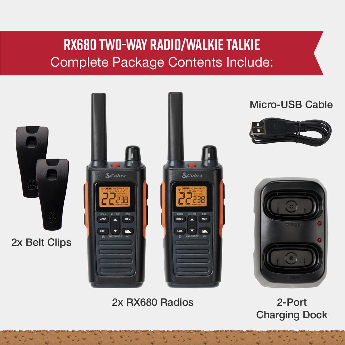 Cobra Cobra RX680 Walkie Talkies (2-Pack) - Rugged & Splashproof Two Way Radios Long Range, IP54 Water Resistant Design, 60 Pre-Programmed Channels, Weather Alerts, Included Charging Dock (Black/Orange)
