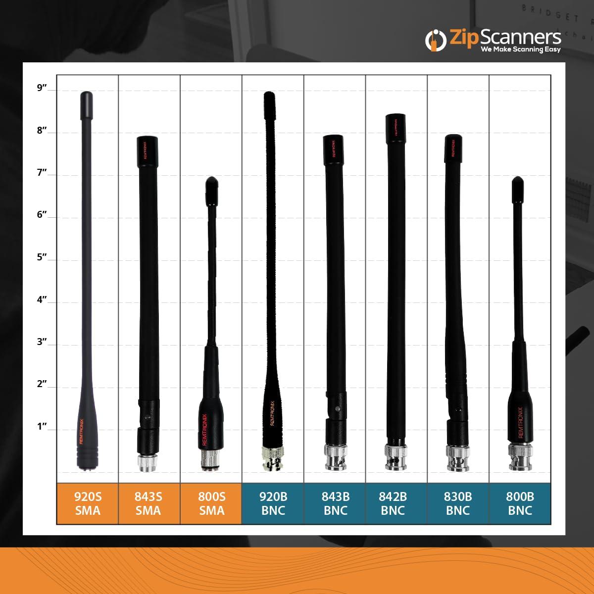 Zip Scanners Antenna for Police Scanner Radios | 843S Remtronix | SMA End Type | VHF/UHF/800 MHz Tri- Band | 8" Flexible Police Scanner Antenna | Increase Reception 25-100%