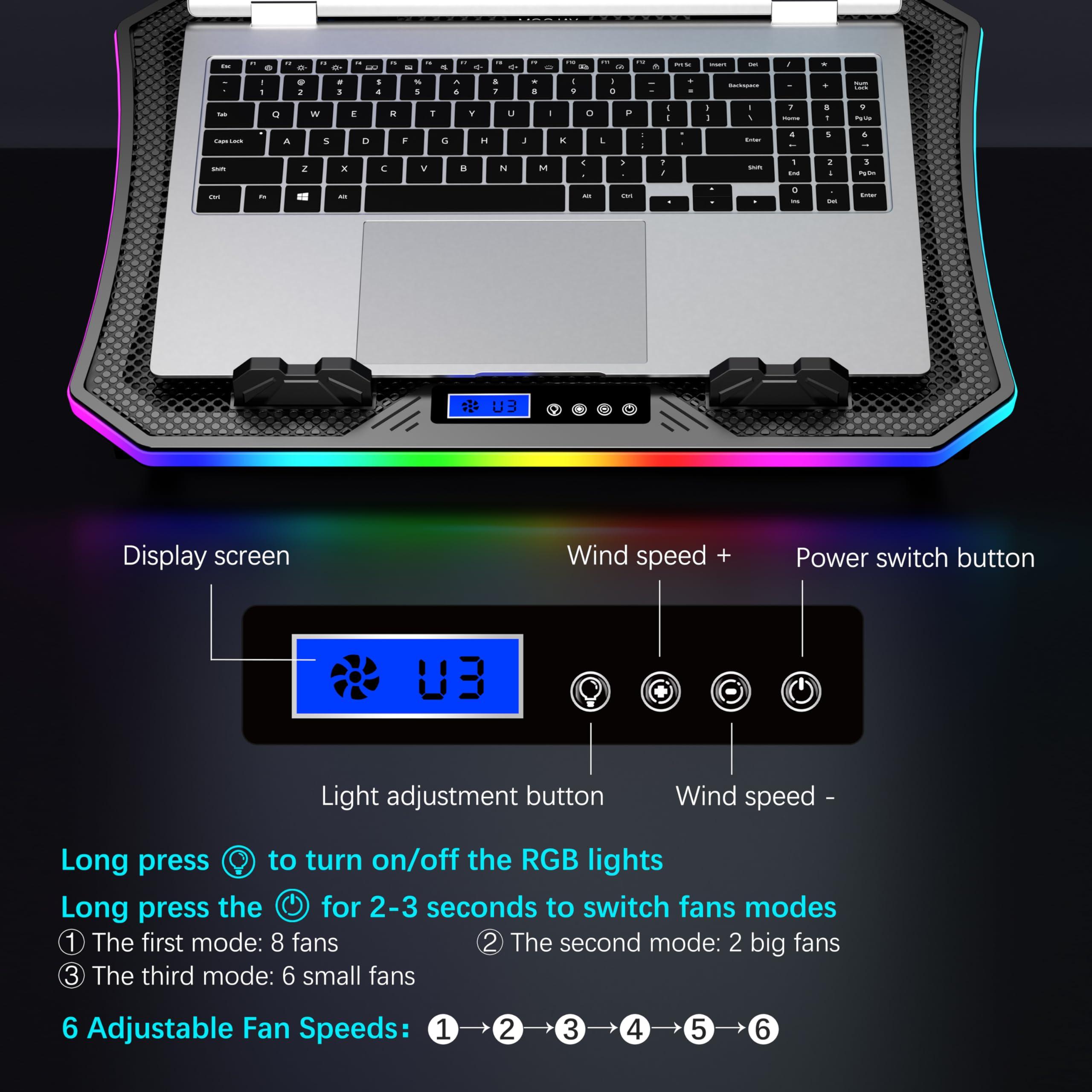 MOOJAY Laptop Cooling Pad RGB Gaming Notebook Cooler for Desk and Lap Use, MOOJAY Laptop Fan Stand 8 Adjustable Heights with 8 Quiet Fans and Phone Holder, for 15.6-17.3 Inch Laptops - Blue LED Light