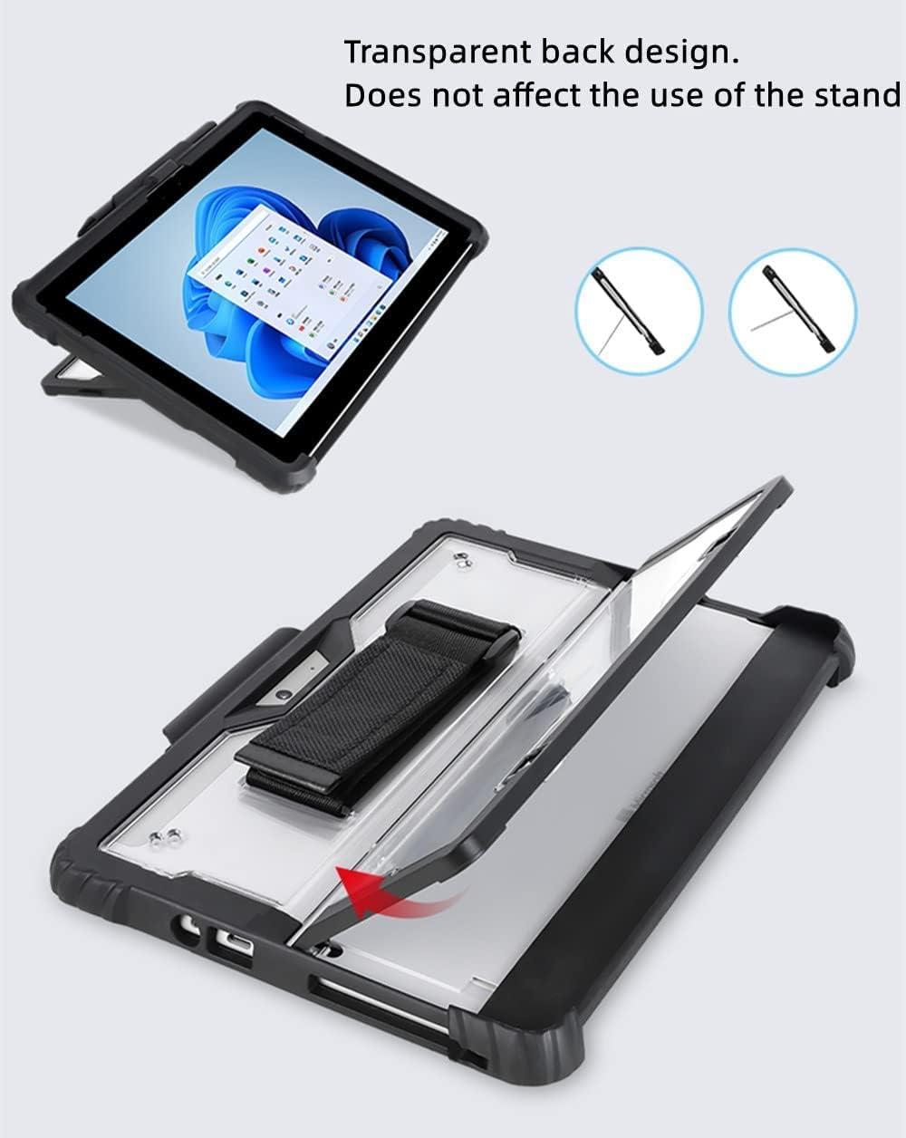 AnMengXinLing Clear Case for Microsoft Surface Go 4 (2023)/ Surface Go3/Go2/Go, Rugged Hard Shell Cover with Shoulder Strap & Hand Strap&Stylus Pen Holder, Compatible with Type Cover Keyboard (Black)