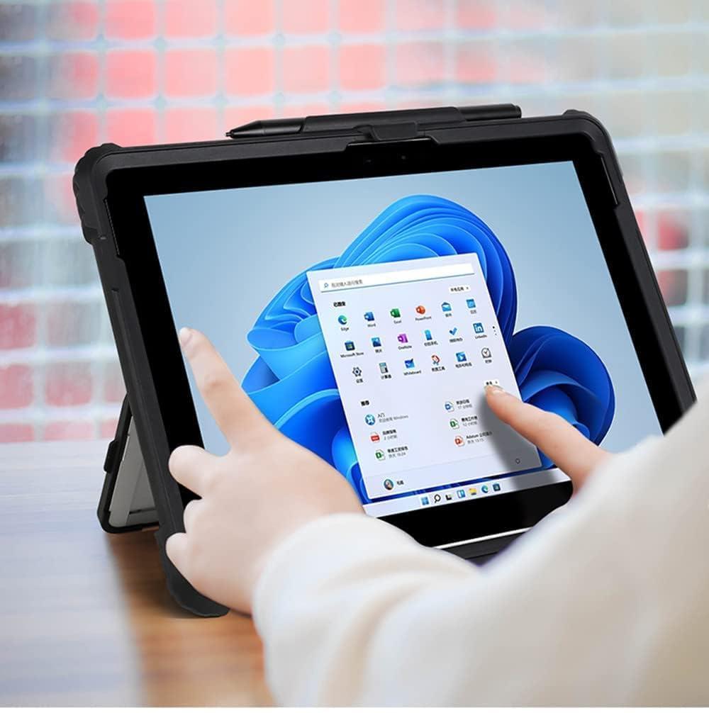 AnMengXinLing Clear Case for Microsoft Surface Go 4 (2023)/ Surface Go3/Go2/Go, Rugged Hard Shell Cover with Shoulder Strap & Hand Strap&Stylus Pen Holder, Compatible with Type Cover Keyboard (Black)