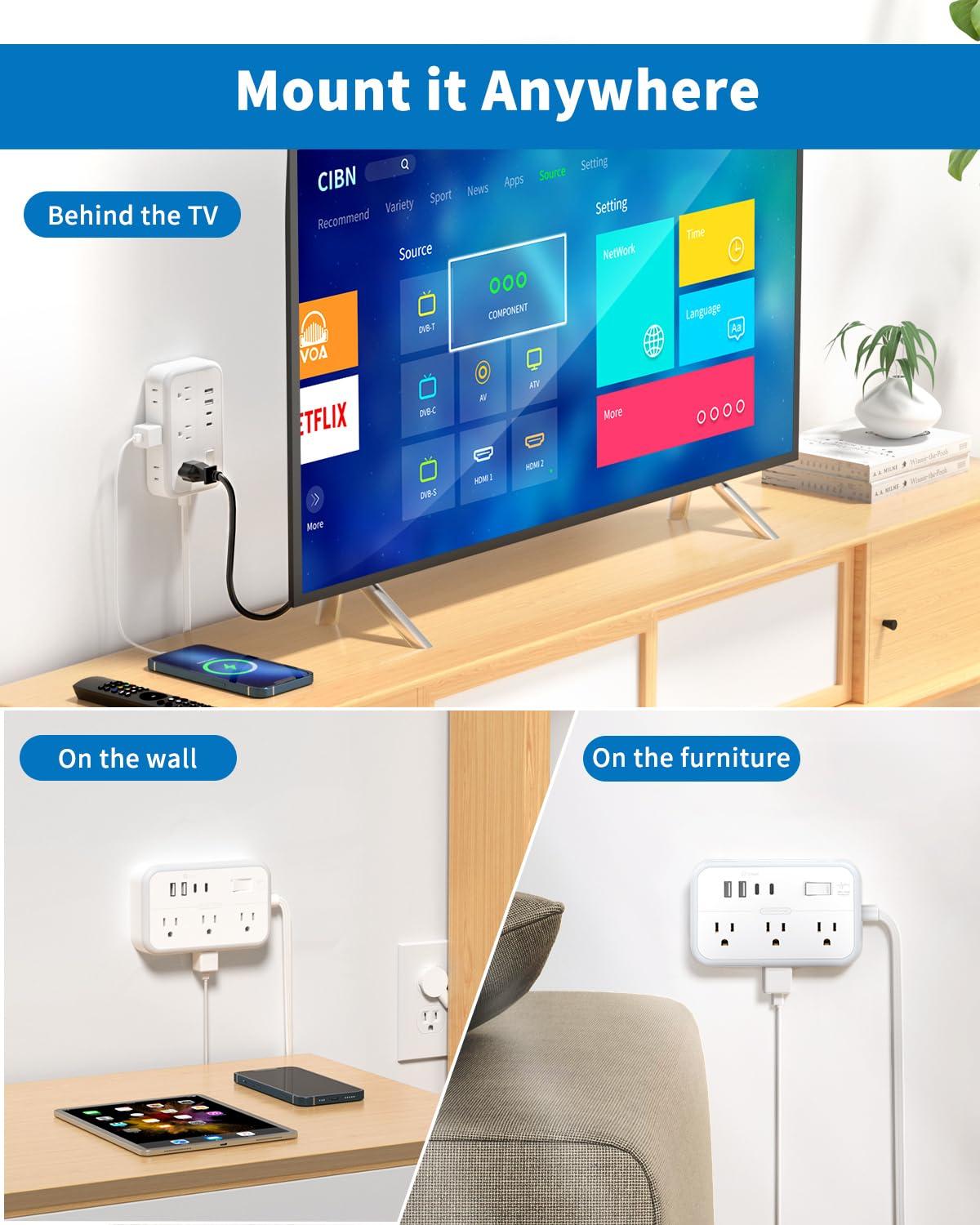 NTONPOWER Flat Extension Cord 25 ft, NTONPOWER Surge Protector Power Strip with 6 Outlets 4 USB Ports(2 USB C),Flat Plug, Multiple Outlets, Mounted, Outlet Extender, Overload Protection for Indoor, Home, Office