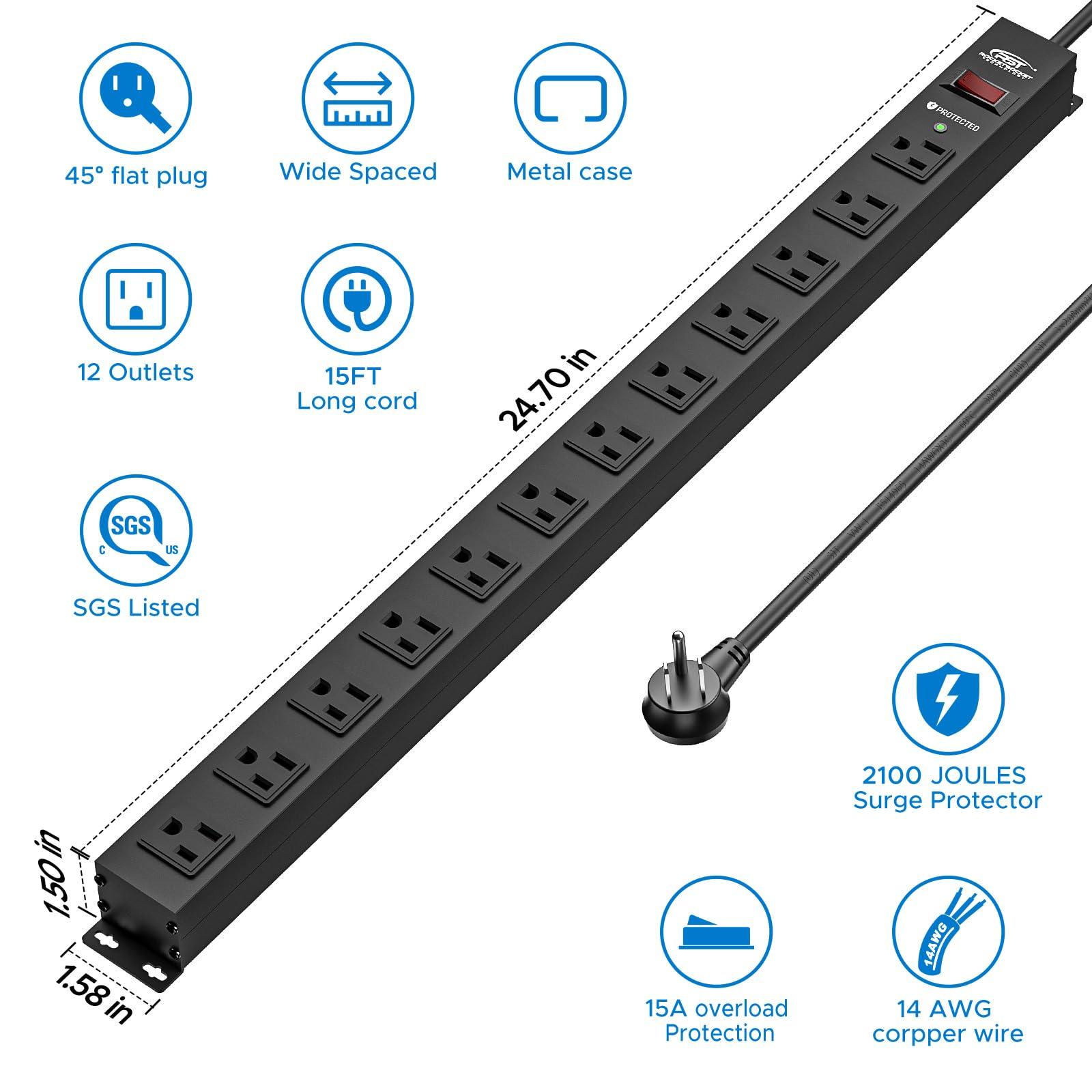 CRST CRST Heavy Duty Power Strip 16-Outlet & 12-Outelet Metal Power Strip with Surge Protector,Wide Spaced 15Ft Long Cord.