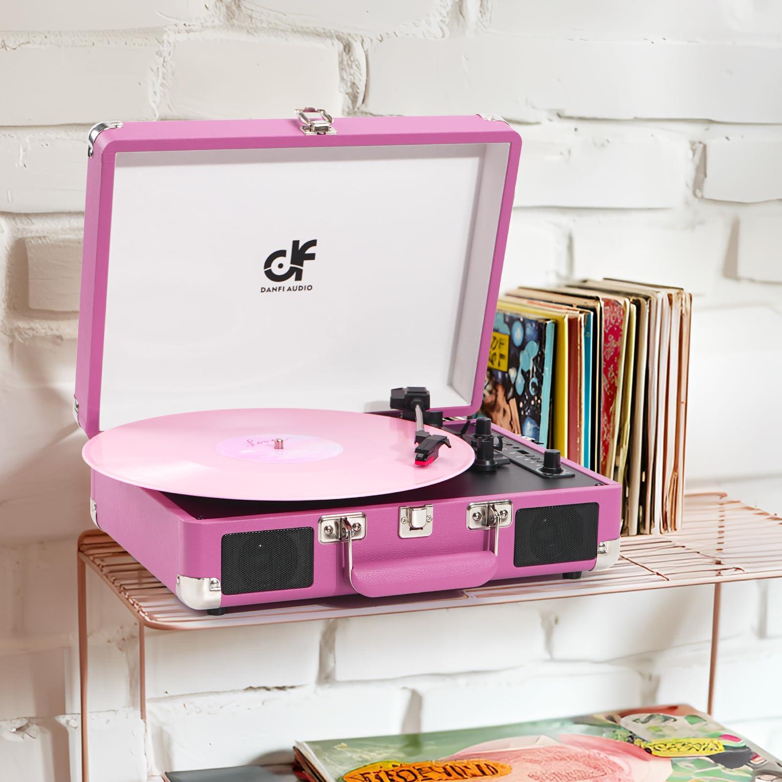 DANFI AUDIO DF DANFI Audio Pink Bluetooth Vinyl Record Player with Dual Speakers, USB Recording,3-Speed Suitcase Turntable, RCA/AUX/Headphone Output