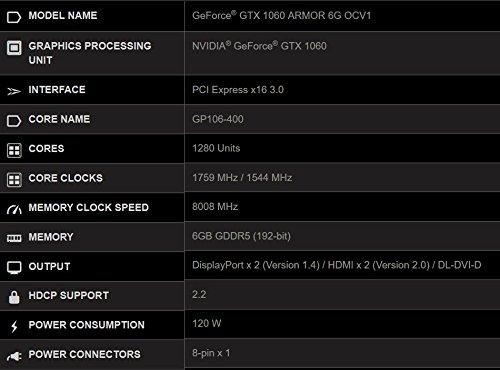 MSI Computer MSI GAMING GeForce GTX 1060 6GB GDRR5 192-bit HDCP Support DirectX 12 Dual Fan VR Ready OC Graphics Card (GTX 1060 ARMOR 6G OCV1)