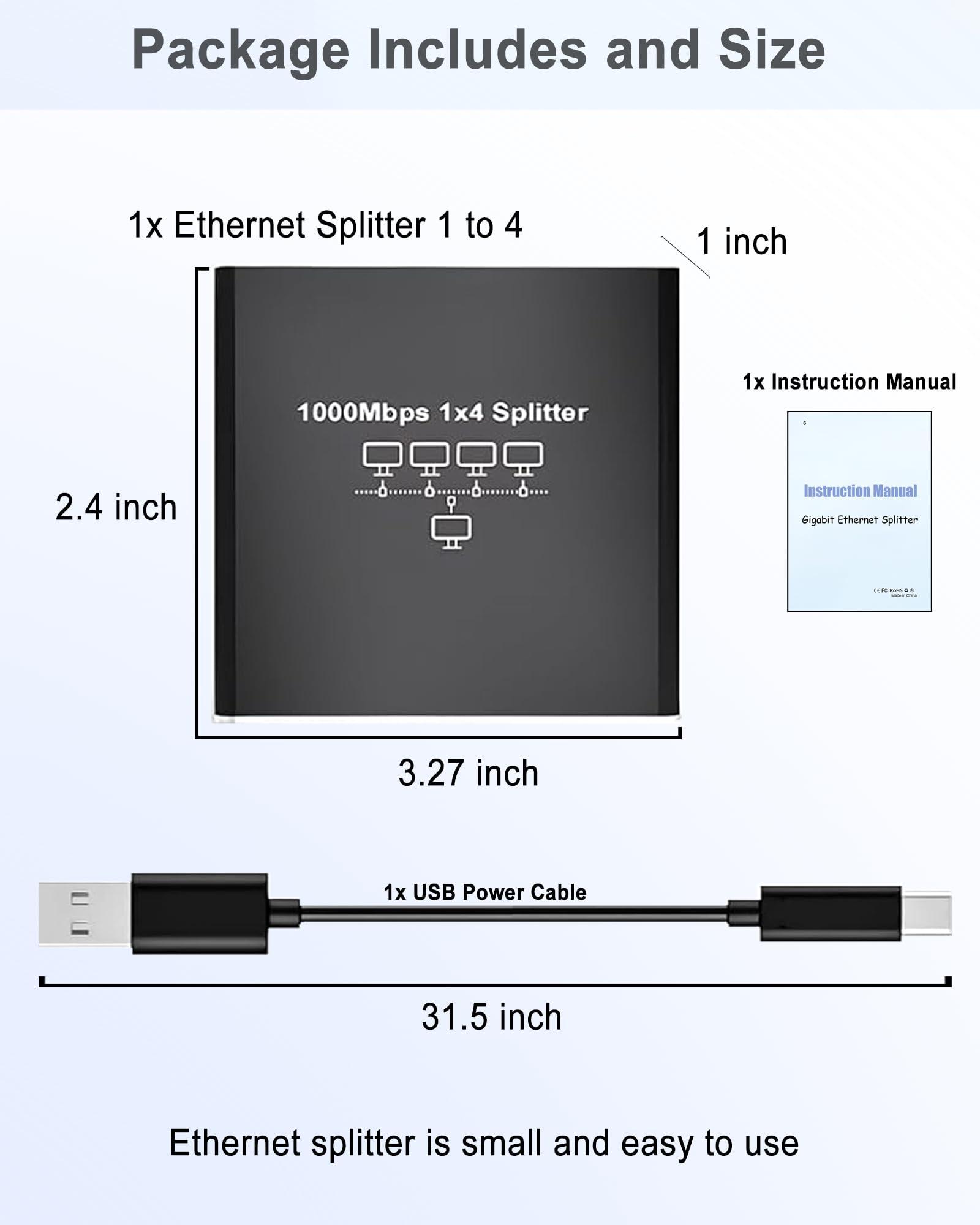 LIEZHUA LIEZHUA Ethernet Splitter 1 to 4 - Network Splitter with USB Power Cable, RJ45 Internet Splitter Adapter 1000Mbps High Speed for Cat 5/5e/6/7/8 Cable [4 Devices Networked Simultaneously]