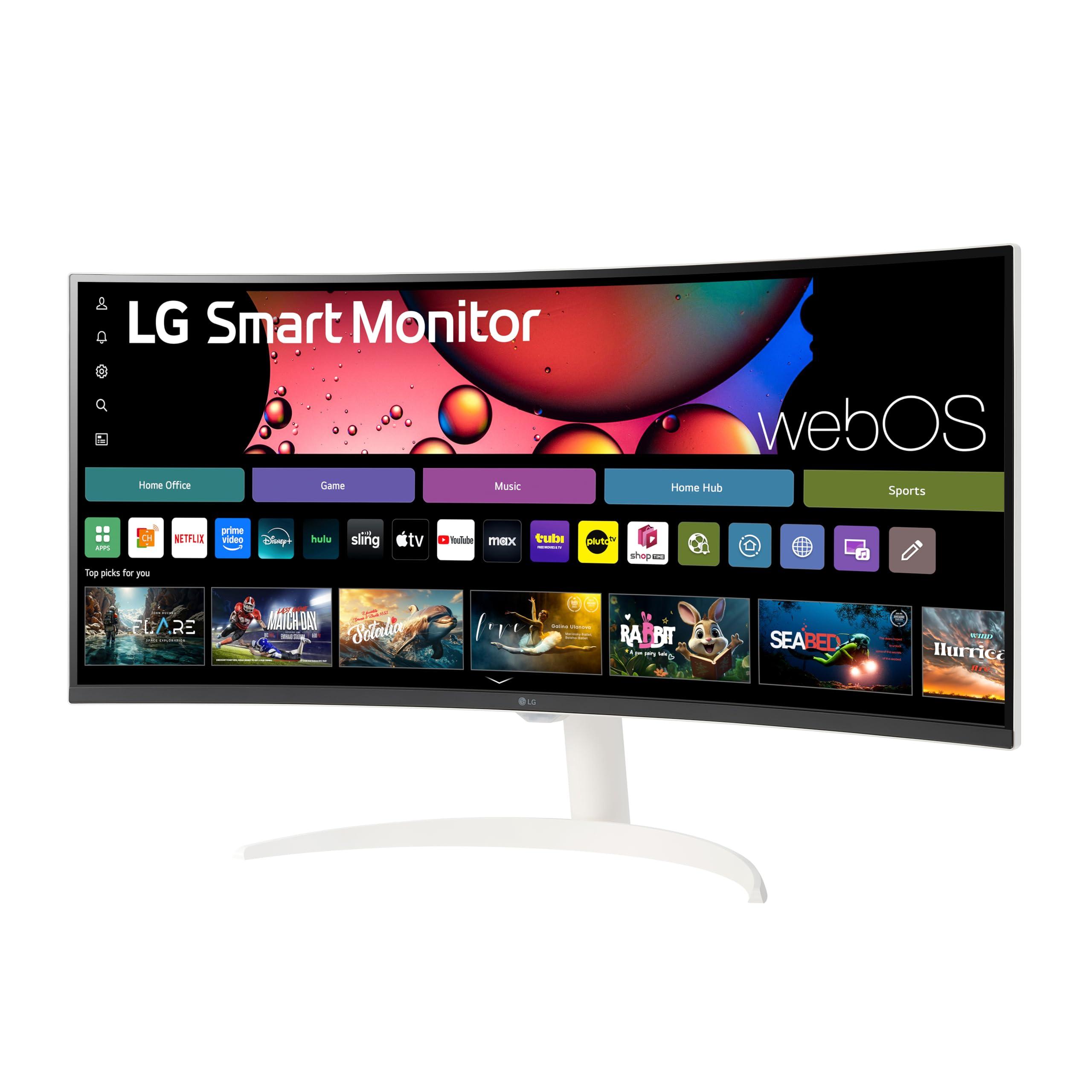 LG LG 34SR60QC-W 34-inch QHD (3440x1440) Curved Smart Monitor with Streaming, UltraWide Screen, webOS, HDR10, 100Hz, Built-in Speaker, AirPlay2, Screen Share, Bluetooth, ThinQ App, White
