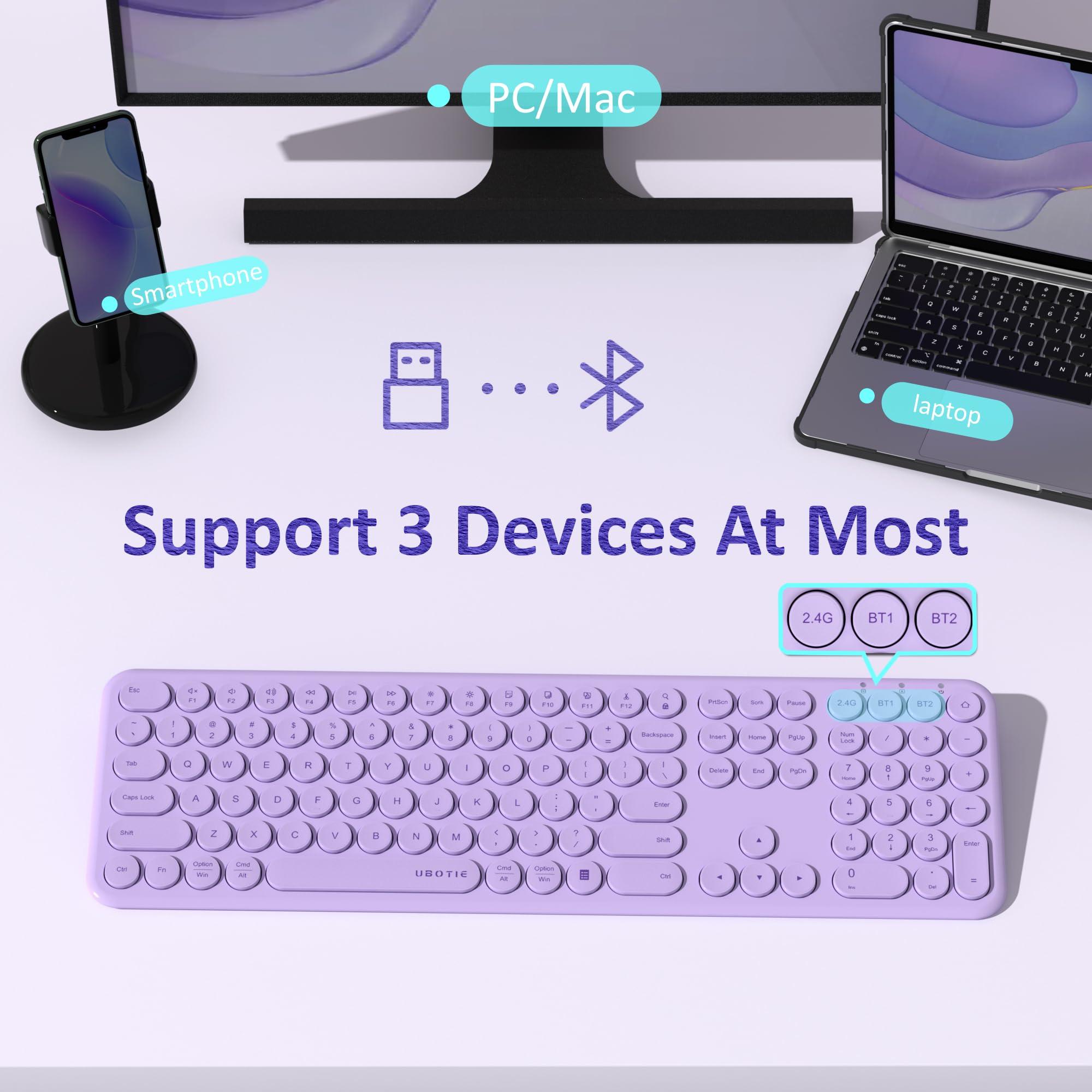 UBOTIE UBOTIE Wireless Purple Keyboard, Bluetooth 2.4GHz Dural Mode Connection Scissor Switches Slim Quiet Round Keycaps Full Size Office Computer Keyboards for PC MAC Smart Phones