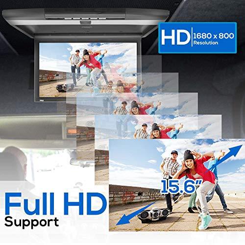 Pyle Pyle 15.6-Inch Overhead Flip-Down Car Monitor - Hi-Res 1680x800p Widescreen Car Roof Mount Monitor, Vehicle Flip Down Overhead Screen w/IR, FM Transmitter, USB/SD, HDMI, AV, Stereo Speaker -PLRV1525