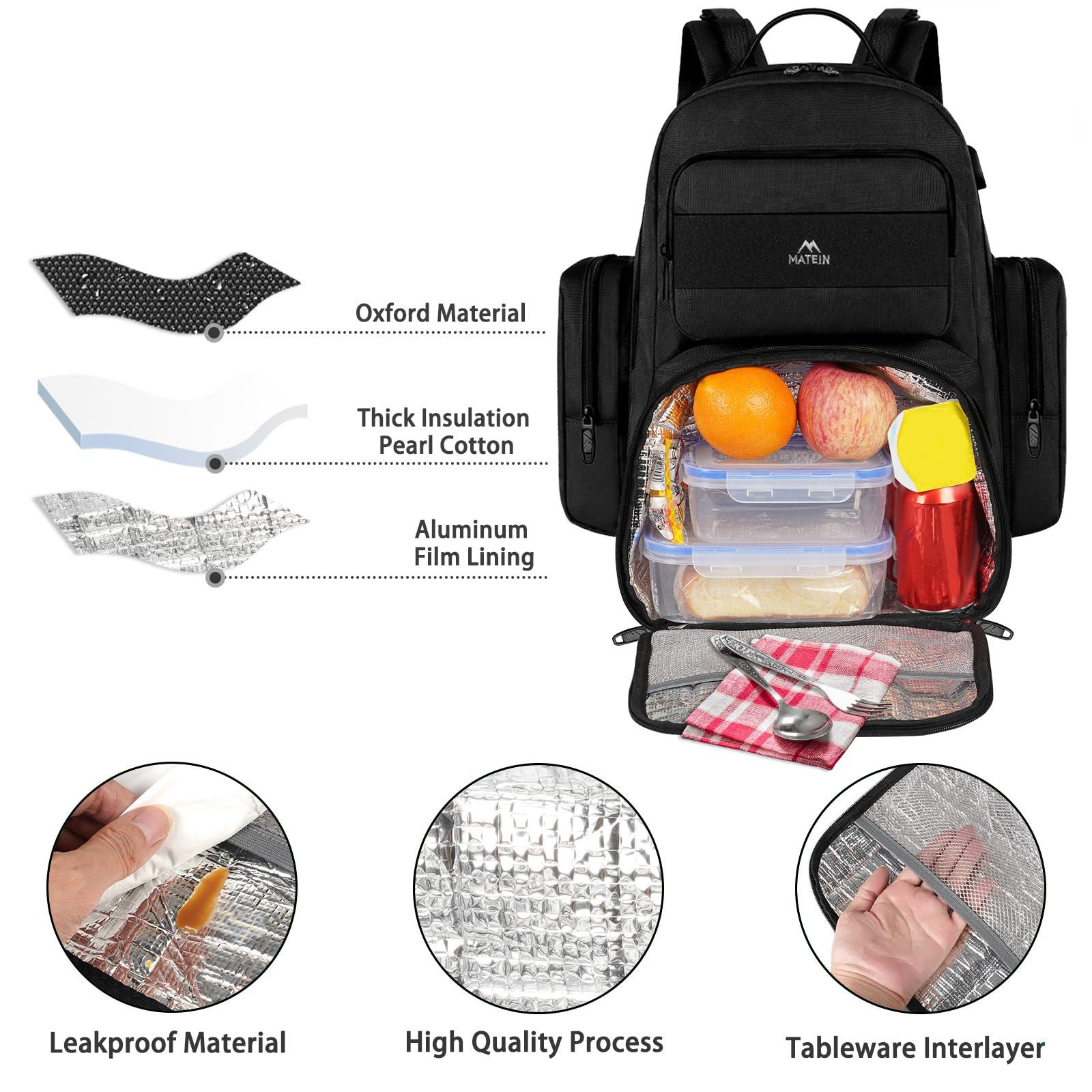 MATEIN MATEIN Lunch Backpack for Men Work, 15.6 Inch Tactical Backpack with Lunch Compartment, Large Laptop Backpacks with Insulated Cooler Bag for Travel Beach Camping Picnic Hiking, Black