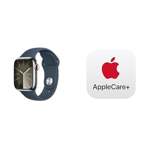 Apple Apple Watch Series 9 [GPS + Cellular 41mm] Smartwatch with Silver Stainless Steel Case with Storm Blue Sport Band S/M. Fitness Tracker, ECG Apps, Always-On Retina Display with AppleCare+ (2 Years)