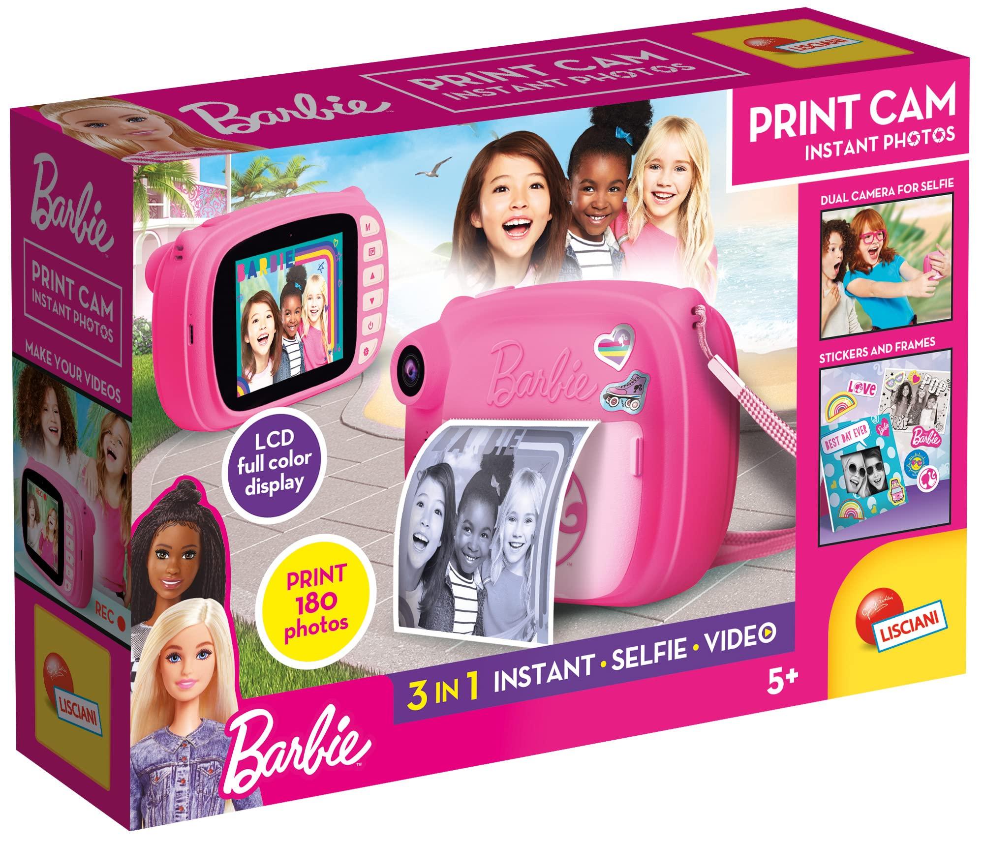 Liscianigiochi Lisciani - Barbie Print Cam - 3-in-1 Instant Camera Barbie- for Kids from 5 Years Old - Prints 180 Photos - Large Colour Screen LCD - Selfie and Video Camera - Stickers Included