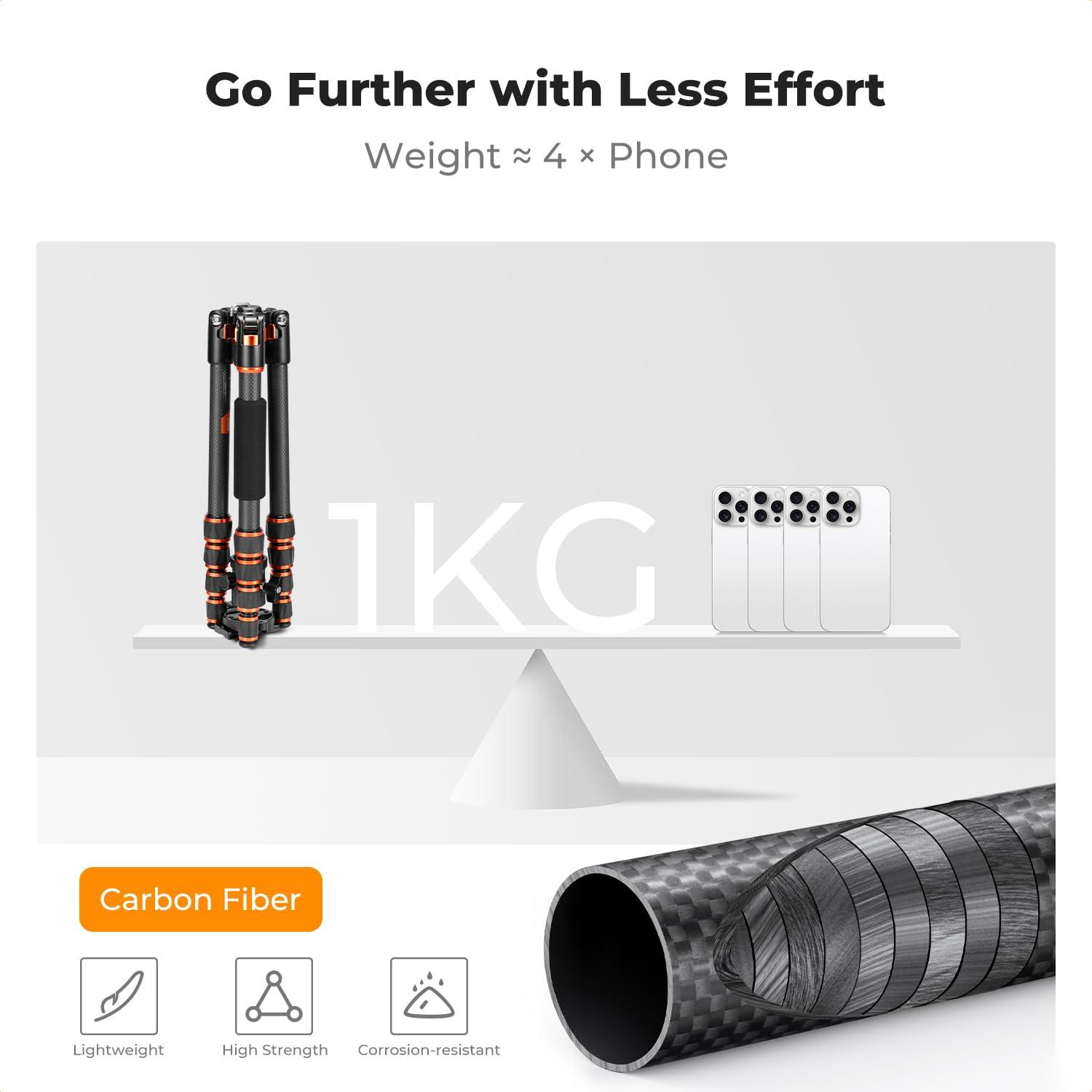 K&F Concept K&F Concept 60 inch Carbon Fiber Camera Tripod,Super Lightweight Compact Travel Tripod with 360 Degree Ball Head,Quick Release Plate,Detachable Monopod 8KG Load Capacity for SLR DSLR C225C0 (BA225)