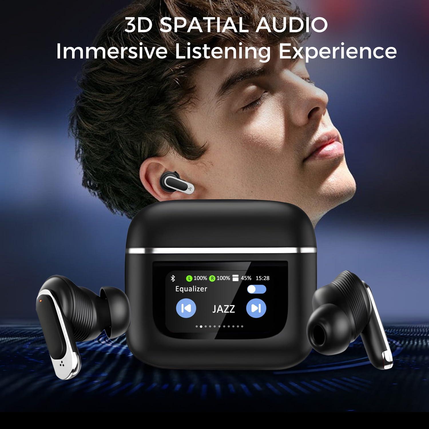 Alpha Digital Alpha Digital Wireless Earbuds with LCD Touch Screen, Bluetooth 5.3, Noise Cancelling, 1.47" Screen, 32H Playback, IP4 Waterproof, Lightweight, ANC & Transparency Mode, 450mAh Wireless Charging Case