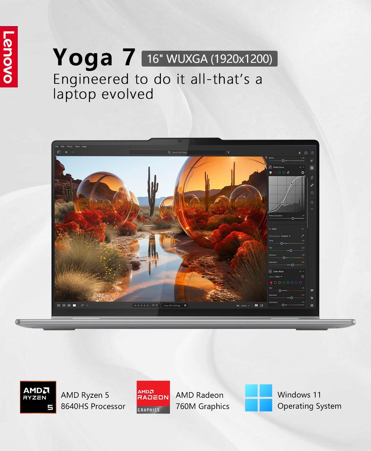 Lenovo Lenovo - Yoga 7 2-in-1 16" WUXGA (1920x1200) Laptop - AMD Ryzen 5 8640HS with 8GB Memory - 512GB SSD - AMD Radeon 760M Graphics - Backlit Keyboard - Wi-Fi 6E - Windows 11 - Storm Grey - W/GaLiMu