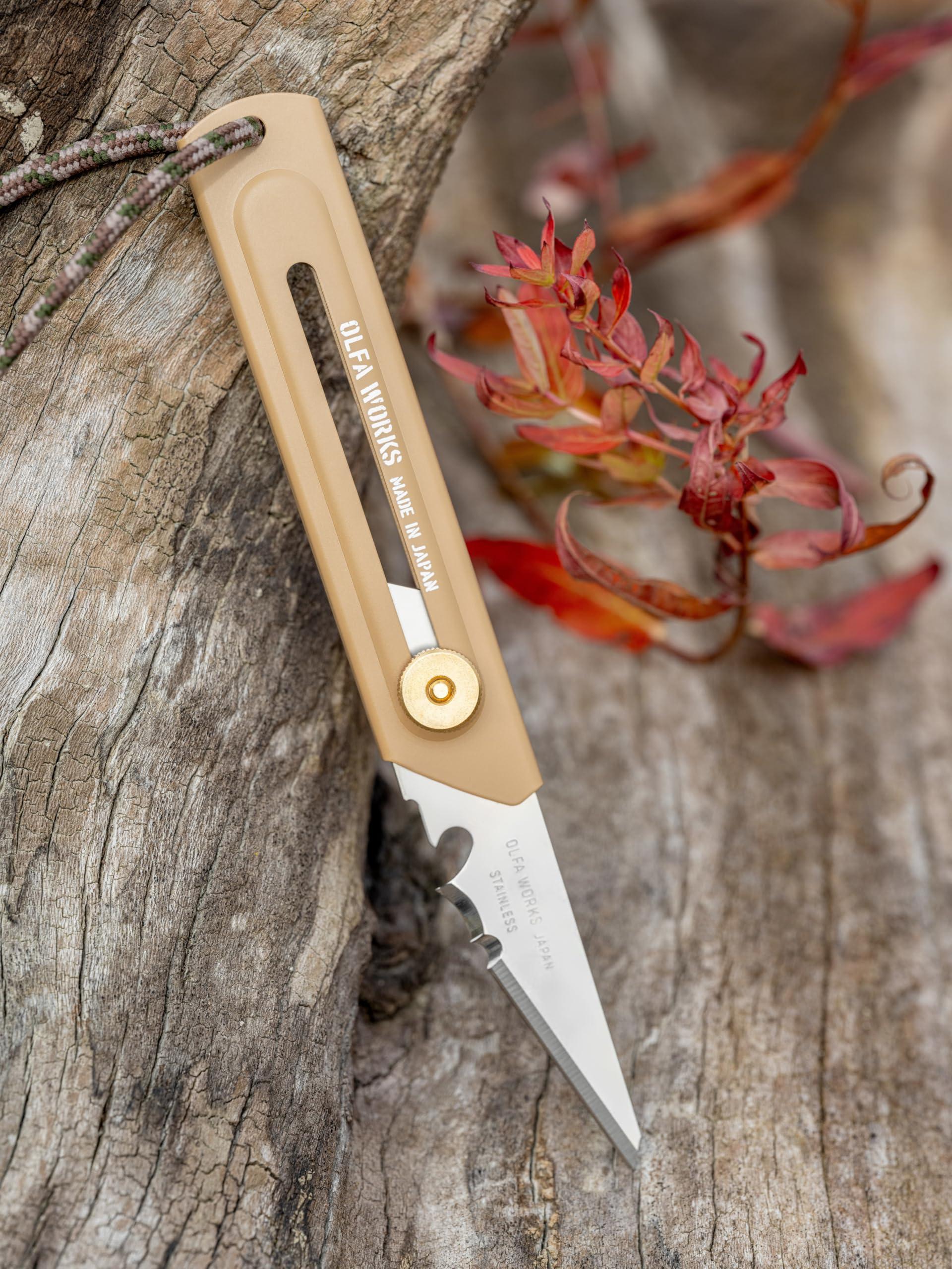OLFA OLFA WORKS OW-UCK-1/SB Utility Camp Knife High Carbon Stainless Steel Blade - Multipurpose Outdoor Knife, Great for and Camping Activities - Brass Wheel Lock, Replacement Blade: OWB-UCB-1 (Sand)