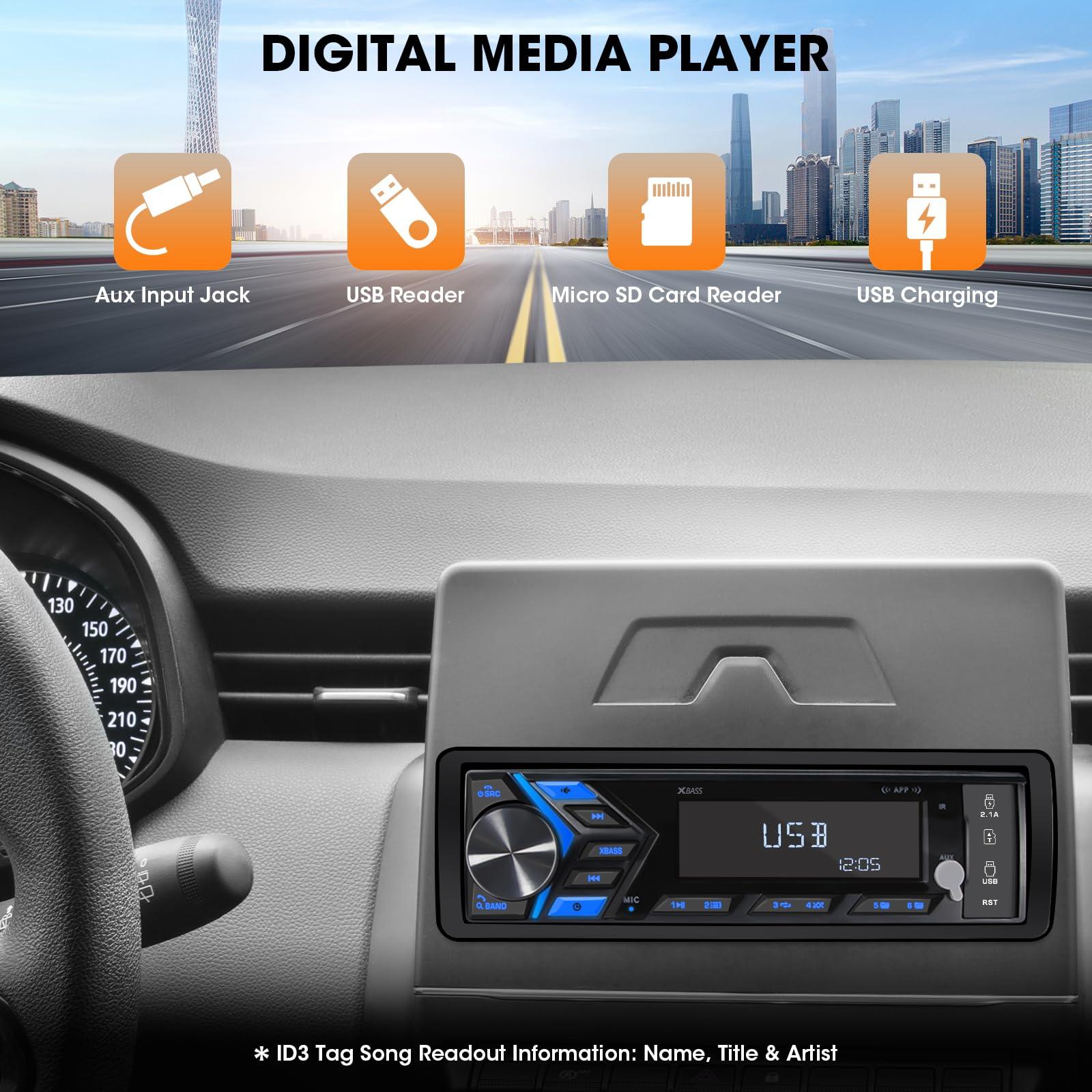 VOXXBASS Bluetooth Marine Stereo Single Din - Boat Radio Receiver - Digital LCD Screen AM FM USB 2.1 A Charging AUX-in 4 Volts Preamp Outputs 2 Subwoofer Ports Remote Control