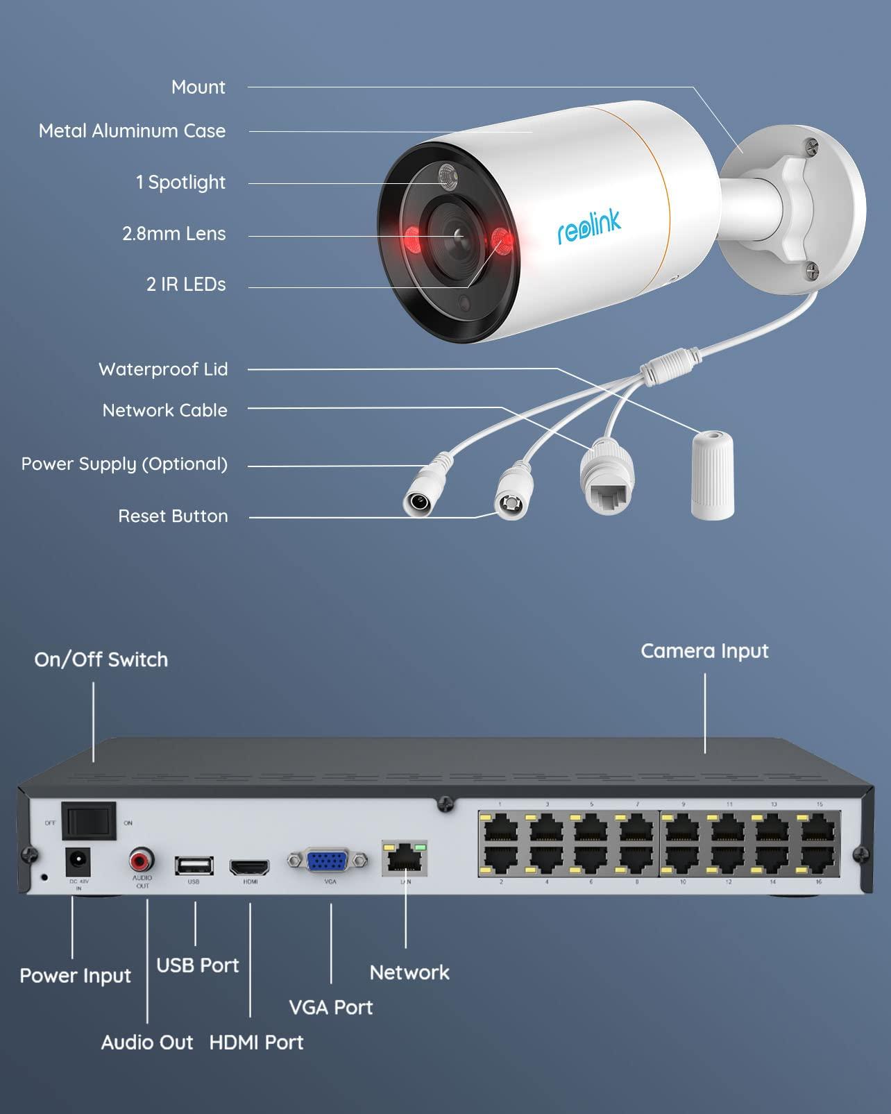 REOLINK REOLINK 12MP Security Camera System, 8pcs PoE Security Camera Outdoor Color Night, 2-Way Talk, 16CH NVR 4TB HDD, RLK16-1200B8-A Bundle with 2pcs 4K Ultra-Wide Angle Camera Duo Floodlight PoE