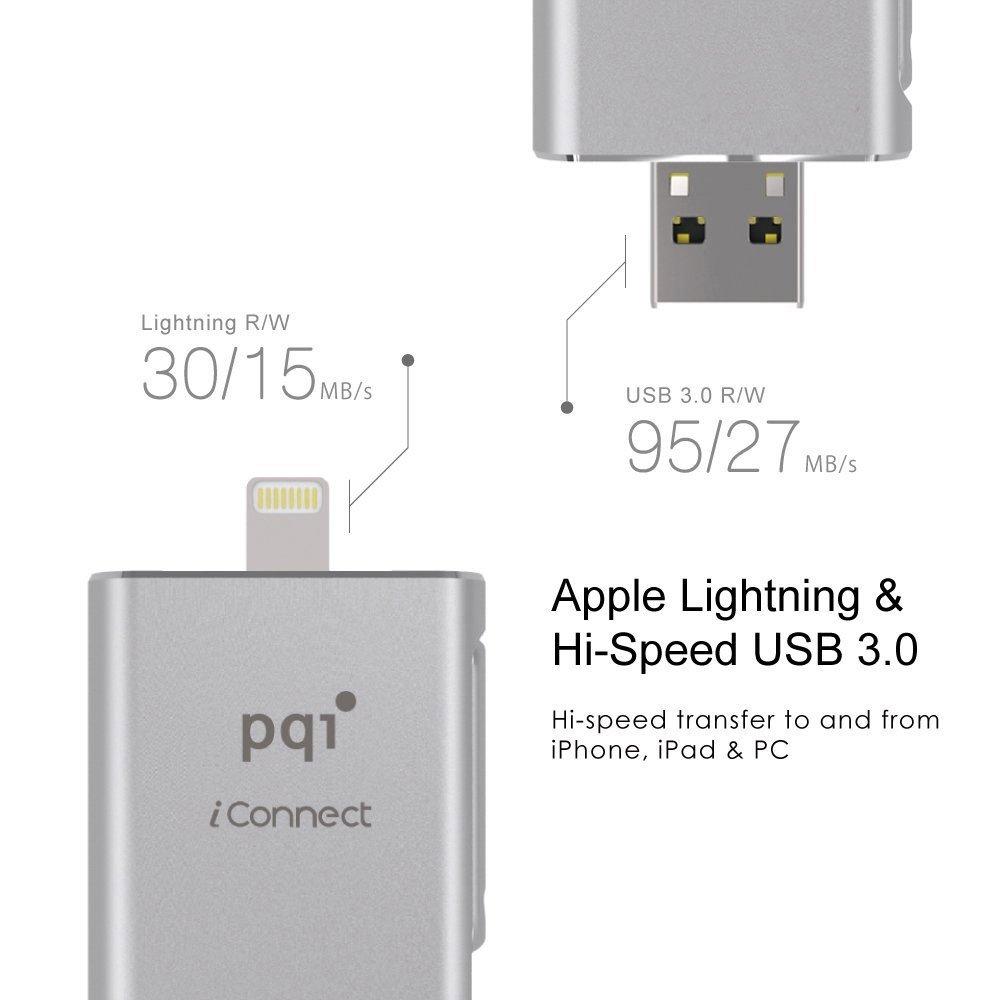 PQI [Apple Mfi] Iconnect 64 GB Mobile Flash Drive w/ Lightning Connector for iPhones, iPads, iPod Mac & PC USB 3.0 (Iron Gray)