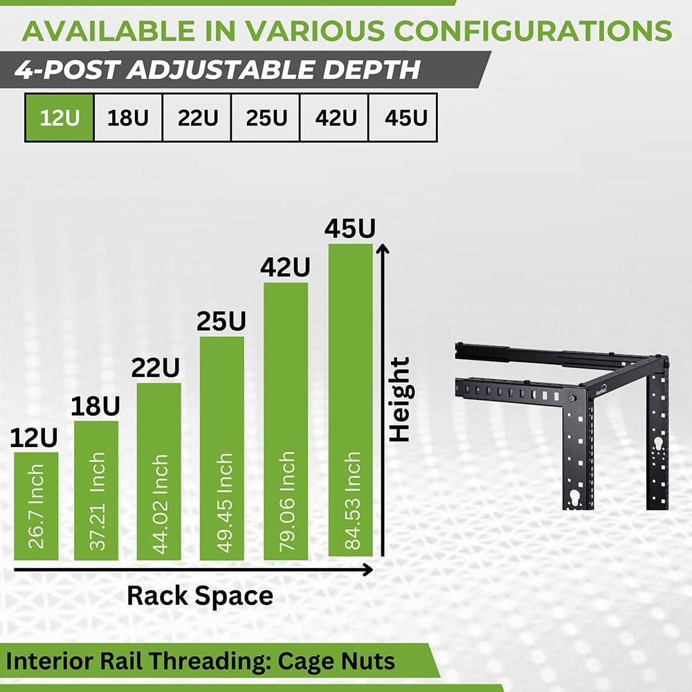 NavePoint NavePoint 12U 4 Post Server Rack Open Frame Rack for 19 Inch Equipment, Adjustable Depth 4-Post Network Rack with Casters Wheels, 12U Server Rack 1322lbs Capacity, Black