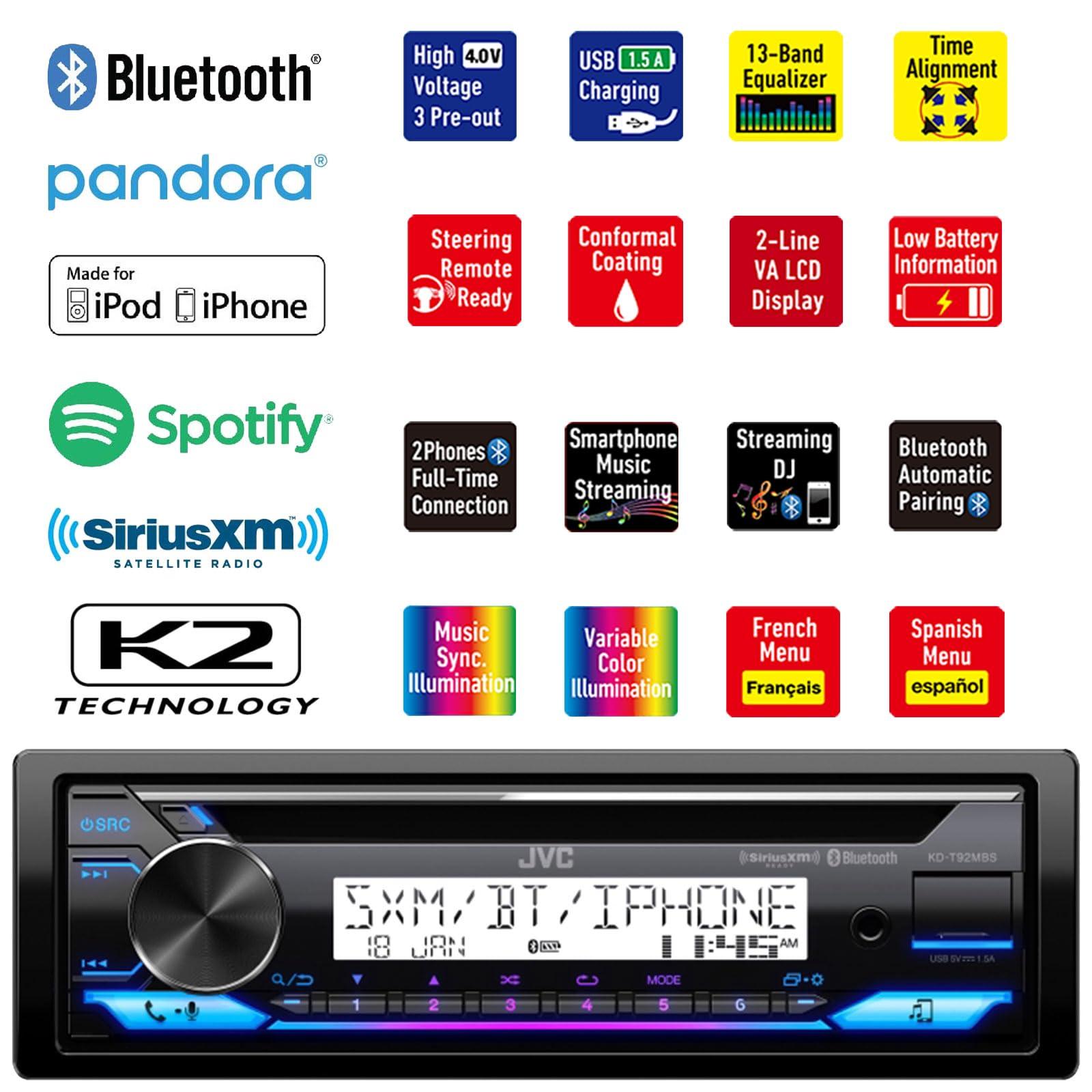 JVC JVC KD-T92MBS Single DIN Marine Motorsports USB Bluetooth AM/FM Stereo CD Player Receiver with 2X CS-MS620 6.5" 100 Watt Max Power 2-Way Boat Audio Speakers