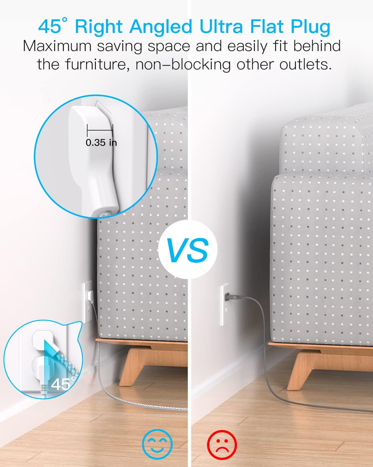 One Beat Flat Plug Power Strip, 5ft Ultra Flat Extension Cord - 3 Outlets 4 USB Ports (2 USB C) 22.5W/4.5A Desktop Charging Station, No Surge Protection for Cruise Ship, Dorm Room Travel Essentials