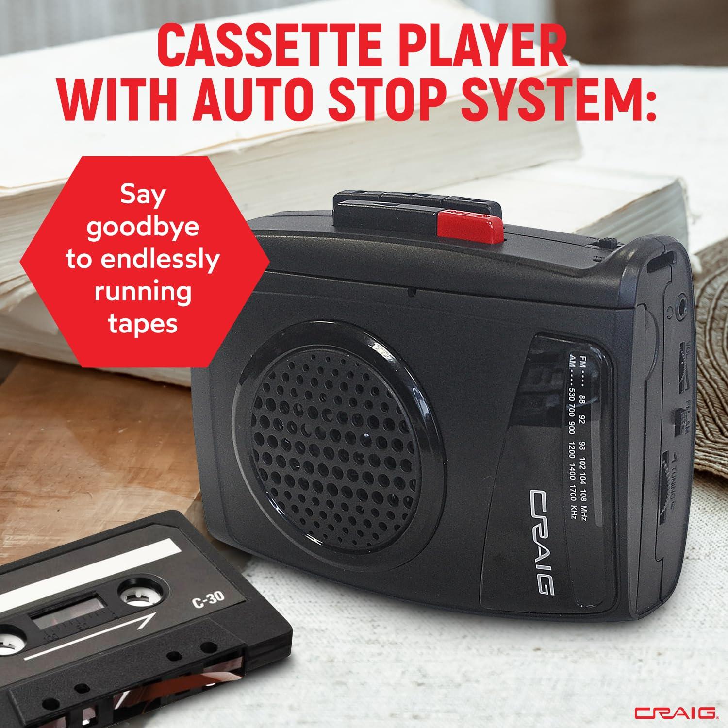 Craig Craig Stereo Cassette Player/Recorder with Earphones: Portable AM/FM Radio & One-Touch Recording System